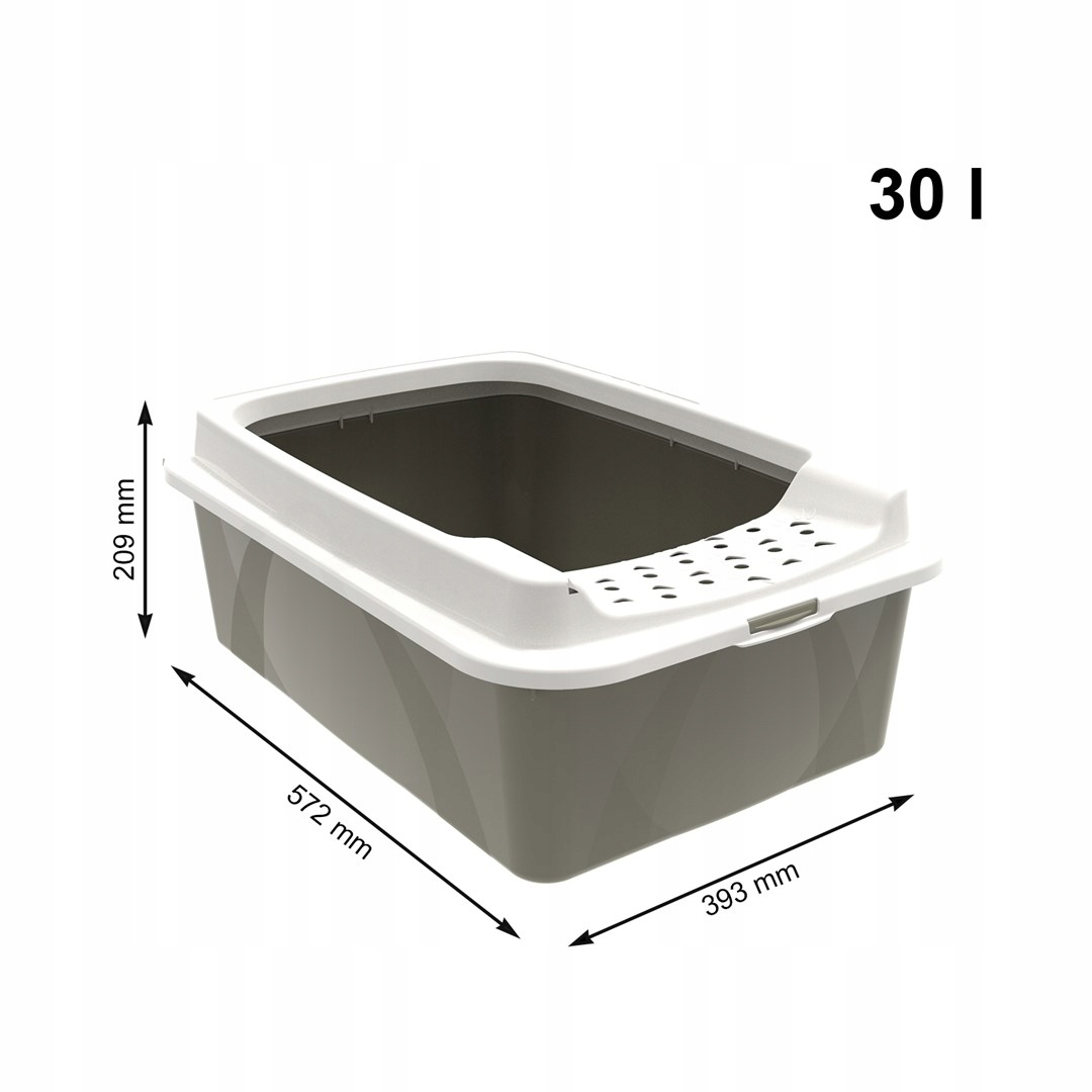 Szara kuweta dla kota z białym brzegiem, wymiary 572x393x209 mm i pojemność 30L.