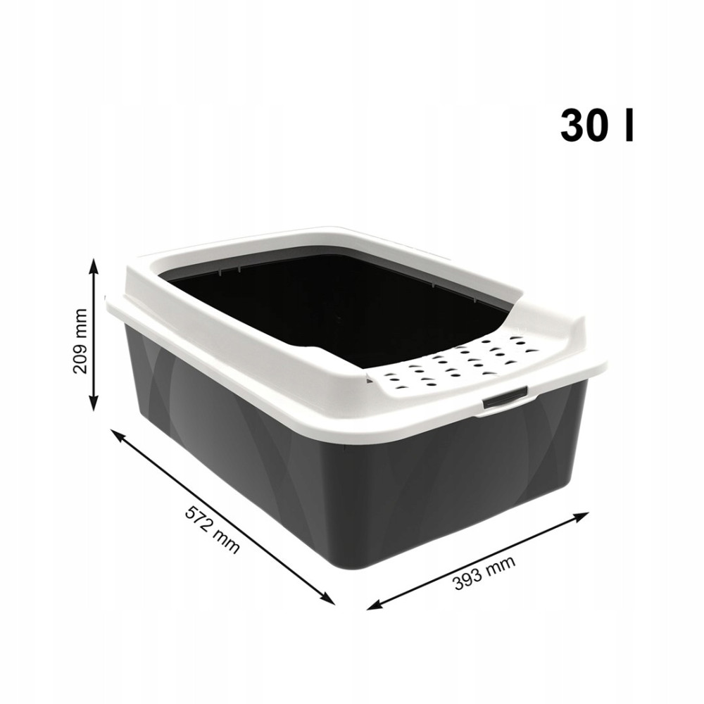 Czarno-biała kuweta dla kota o pojemności 30L i wymiarach 572x393x209 mm na białym tle.