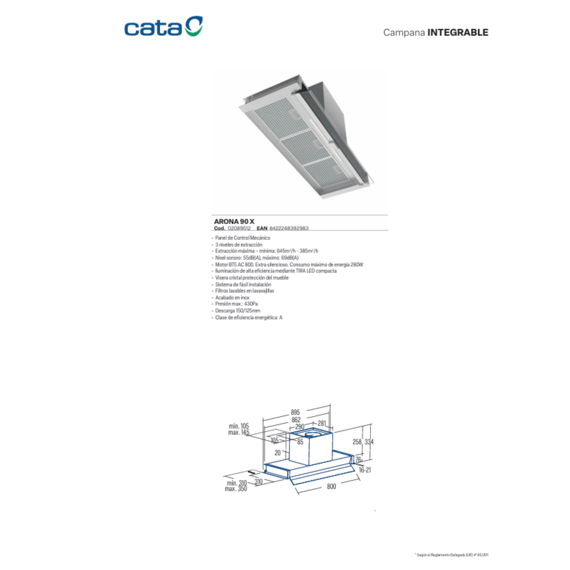Ficha del extractor integrado Cata Arona 90 X con imagen, especificaciones y plano técnico.