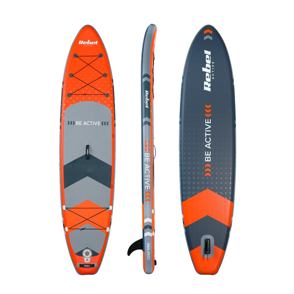 Tre viste di una tavola SUP Rebel Active arancione, grigia e blu scuro.