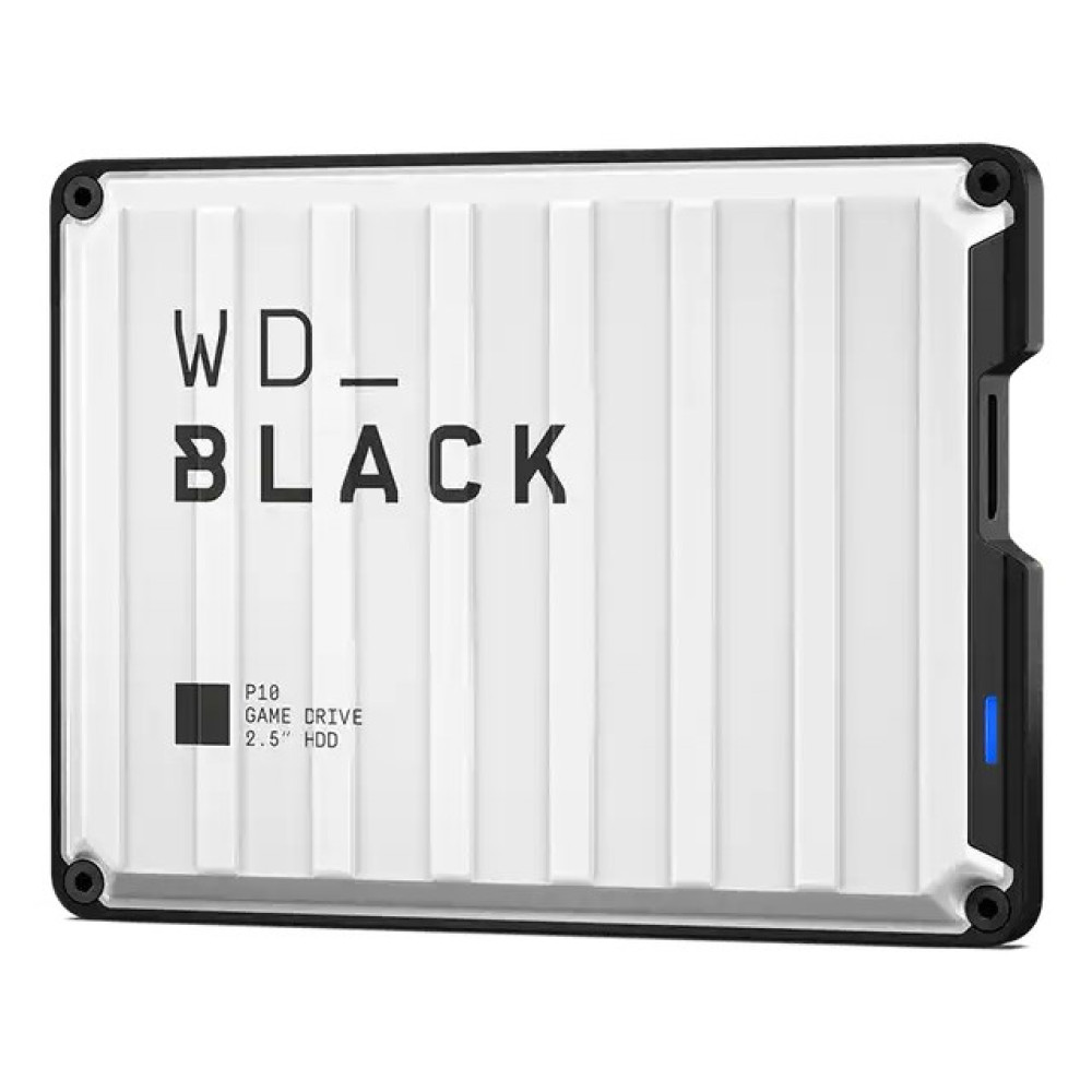 Biało-czarny zewnętrzny dysk twardy WD Black P10 Game Drive 2,5 cala z żebrowaną obudową.