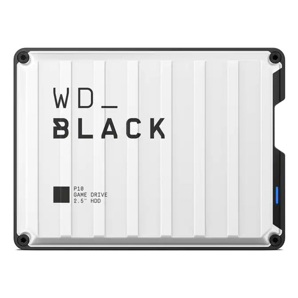 Biały dysk twardy WD_Black P10 Game Drive 2,5 cala z czarną ramką i żebrowaniem.