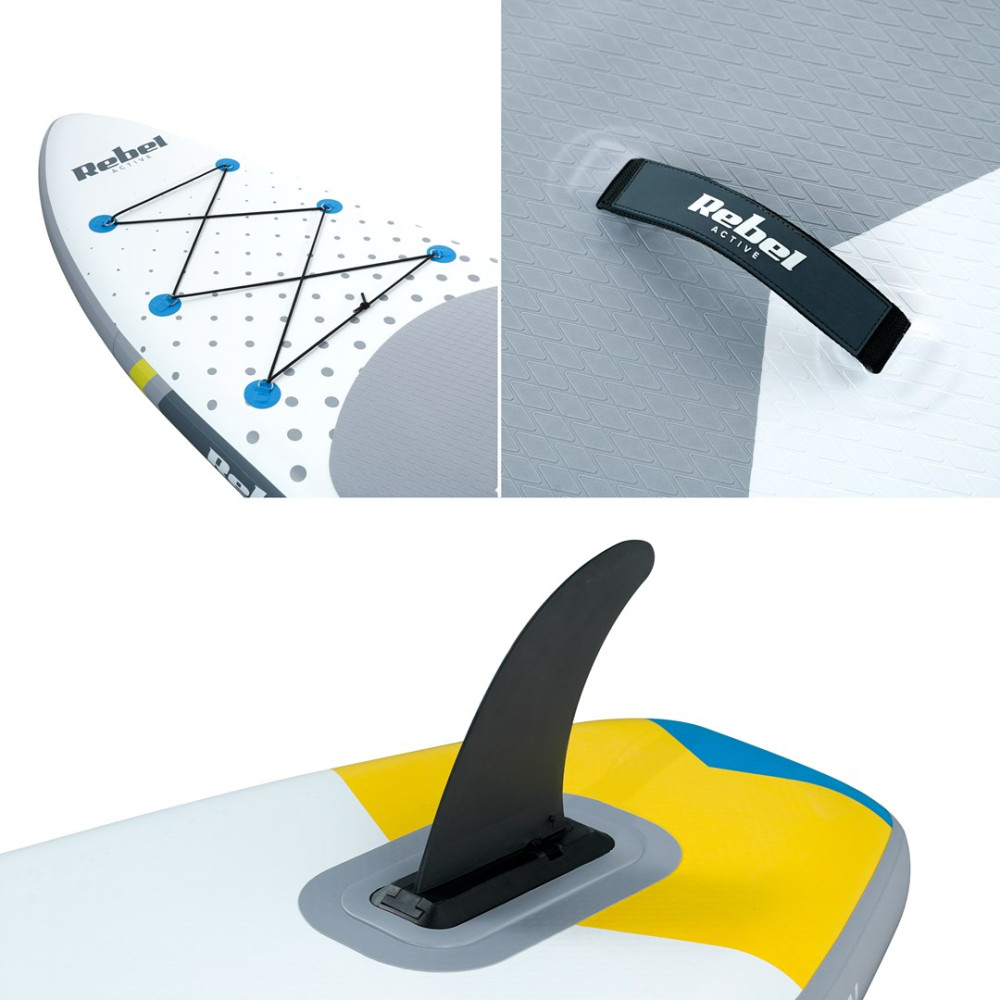 Tre viste ravvicinate di una tavola SUP Rebel Active con corde, maniglia e pinna.