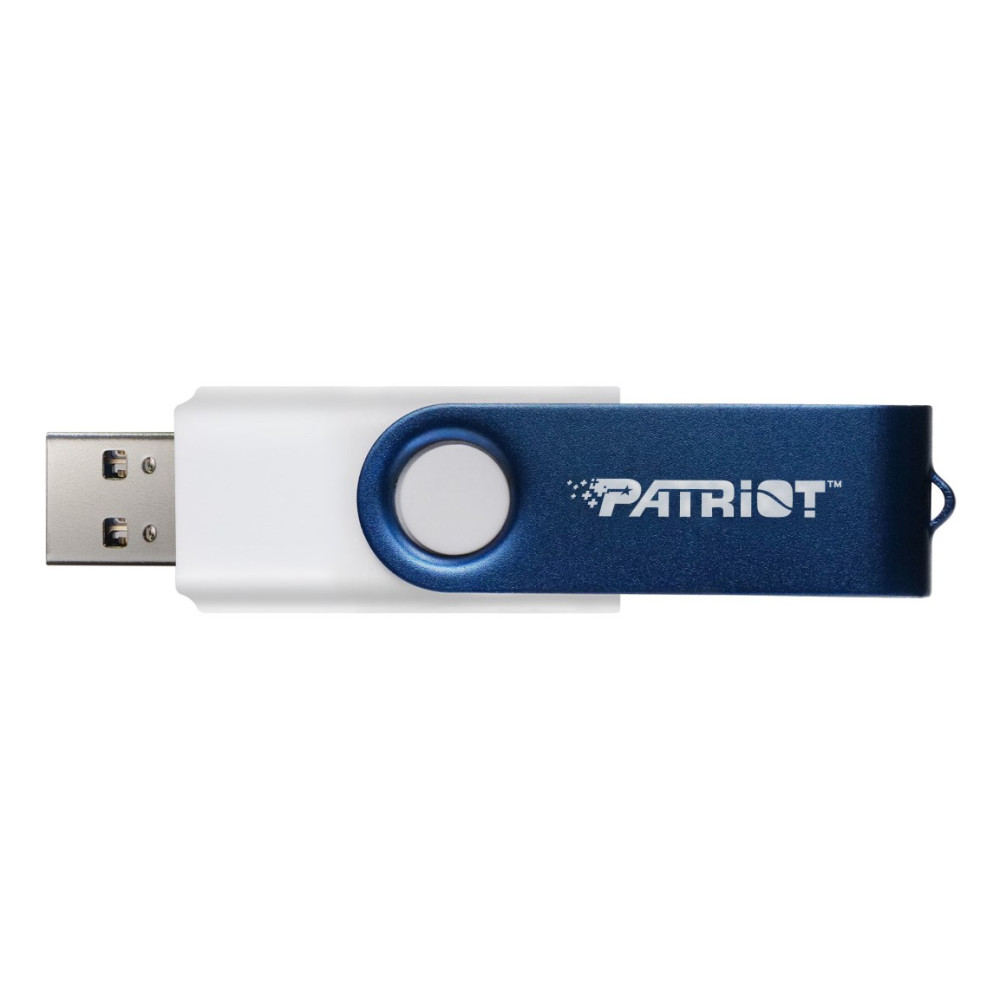 Przenośna pamięć USB Patriot z białym korpusem i metaliczno-niebieską obrotową osłoną na białym tle.