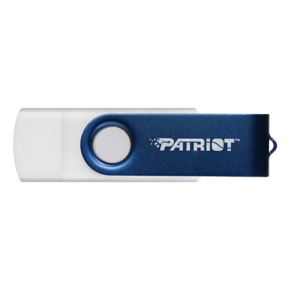 Biało-niebieski pendrive Patriot na gładkim białym tle.
