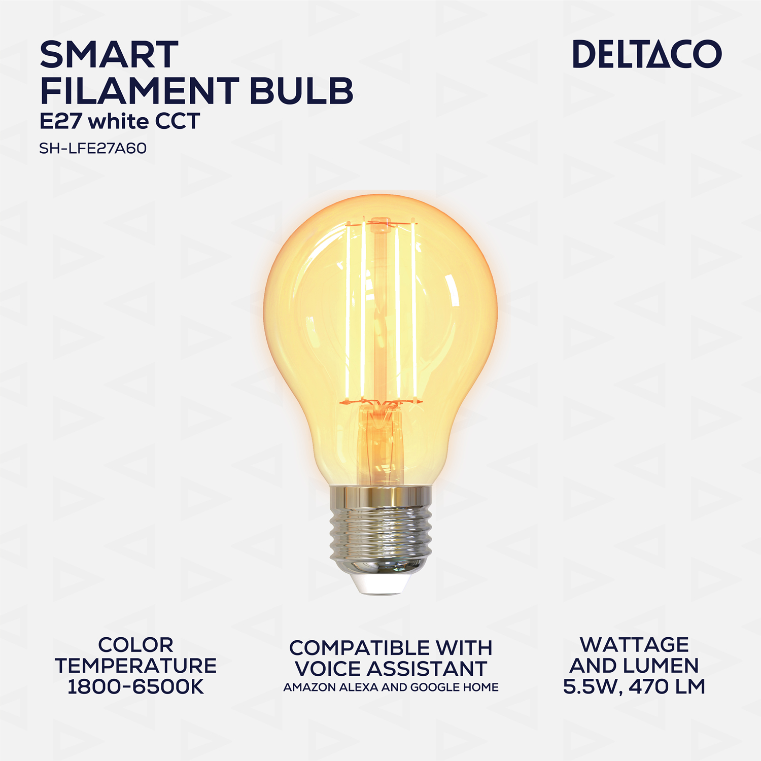Lampadina a filamento smart Deltaco E27 con luce calda, compatibile con assistenti vocali e Wi-Fi.