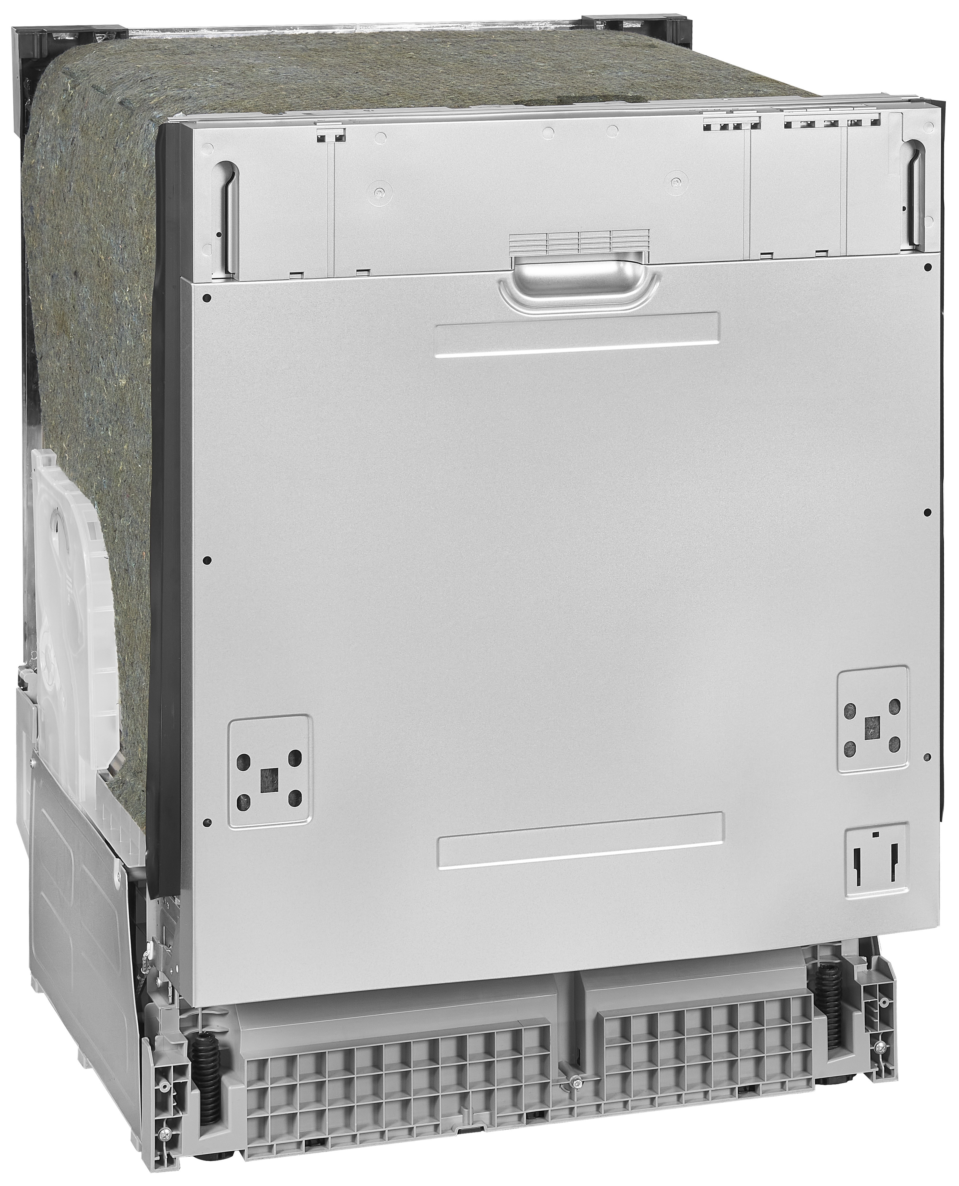 Lavavajillas integrado sin panel frontal, con cuerpo de metal gris y aislamiento visible.