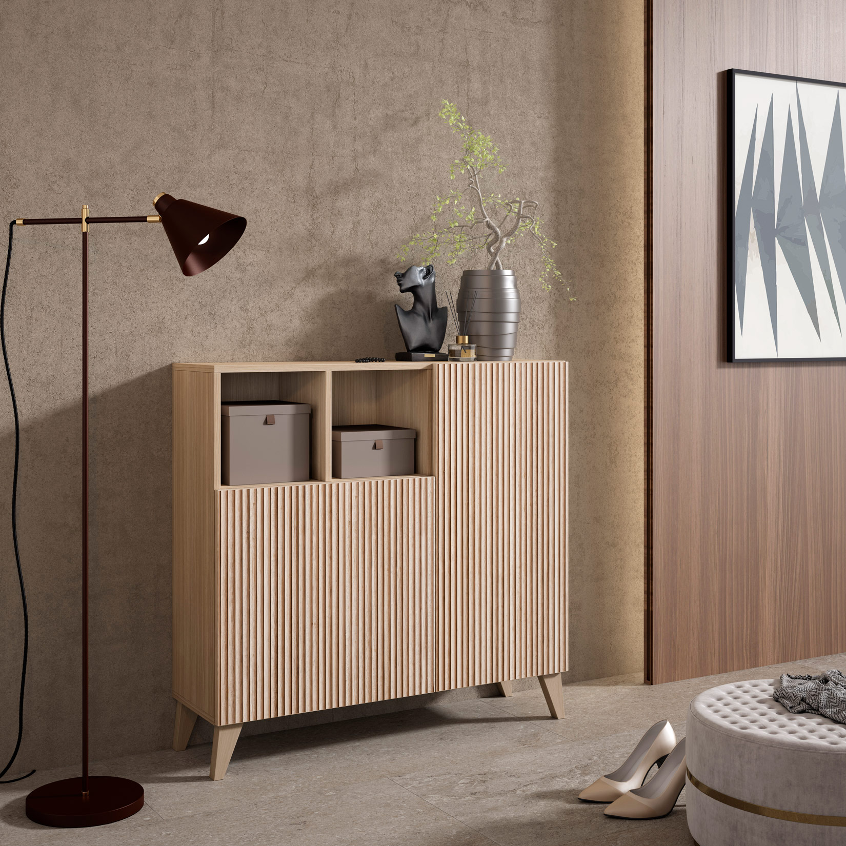 Moderno armario de madera con puertas acanaladas, una lámpara cerca, decoración y arte mural en una habitación elegante.
