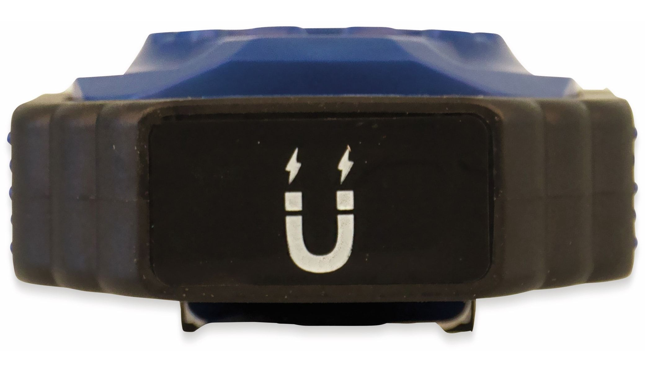 Un dispositivo blu e nero con un simbolo di magnete bianco su sfondo nero.