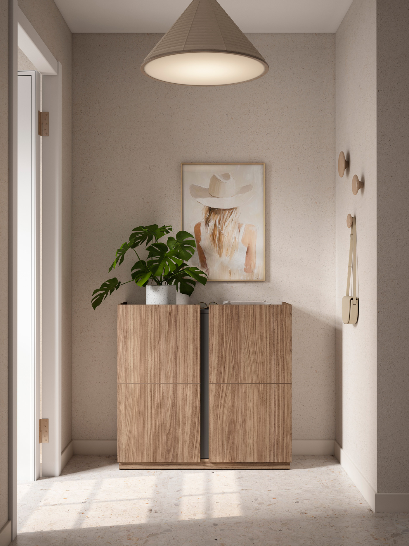 Pasillo con mueble de madera, planta verde, cuadro de mujer con sombrero, lámpara de techo y bolso en la pared.