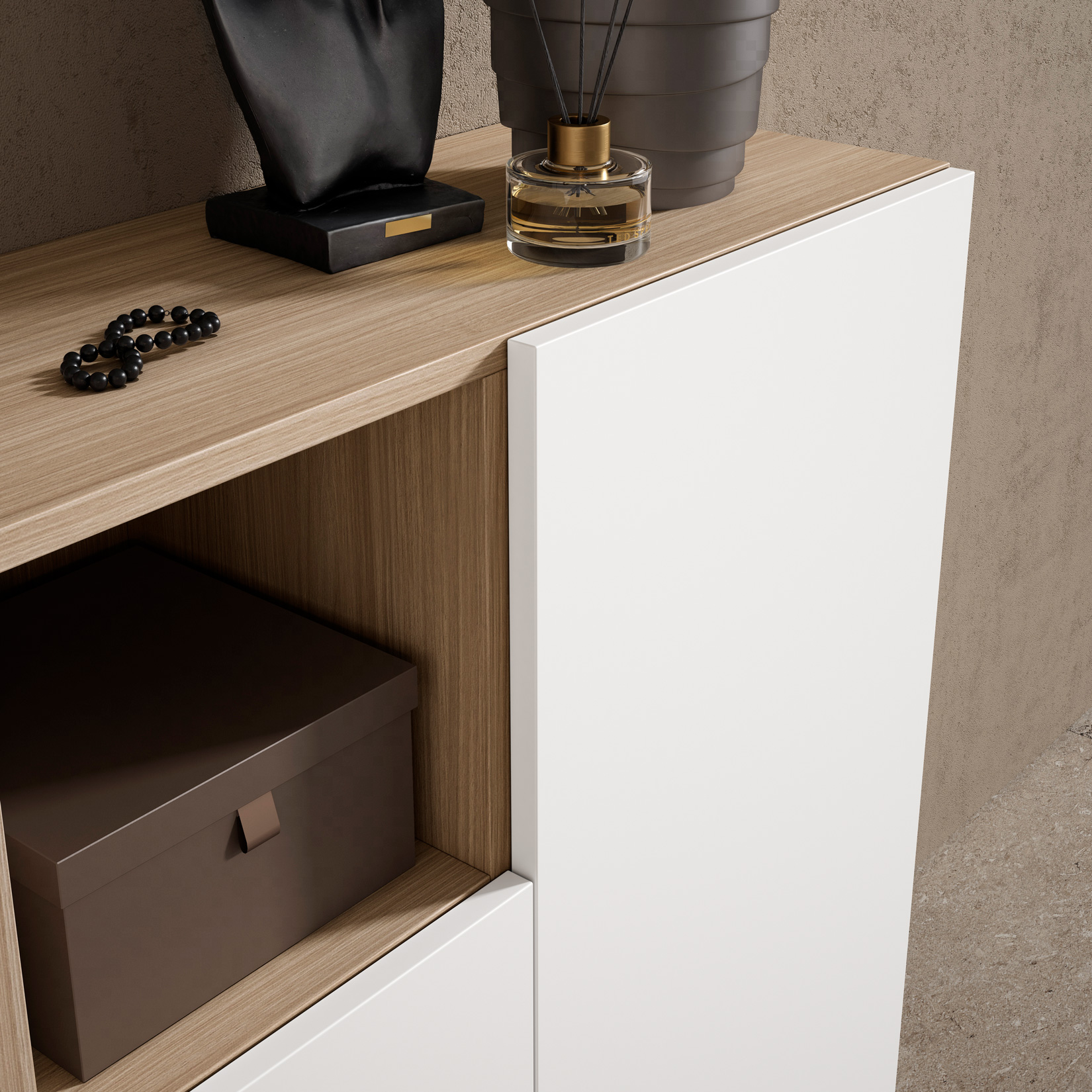 Moderno armario de madera y blanco con decoración negra, difusor y caja de almacenamiento en el estante.