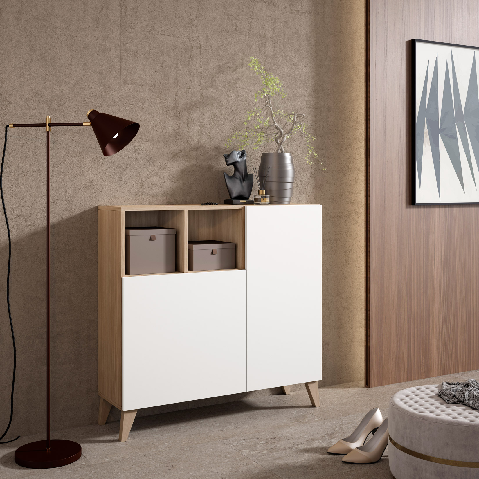 Mueble moderno con puertas blancas, detalles de madera, decoración y lámpara.