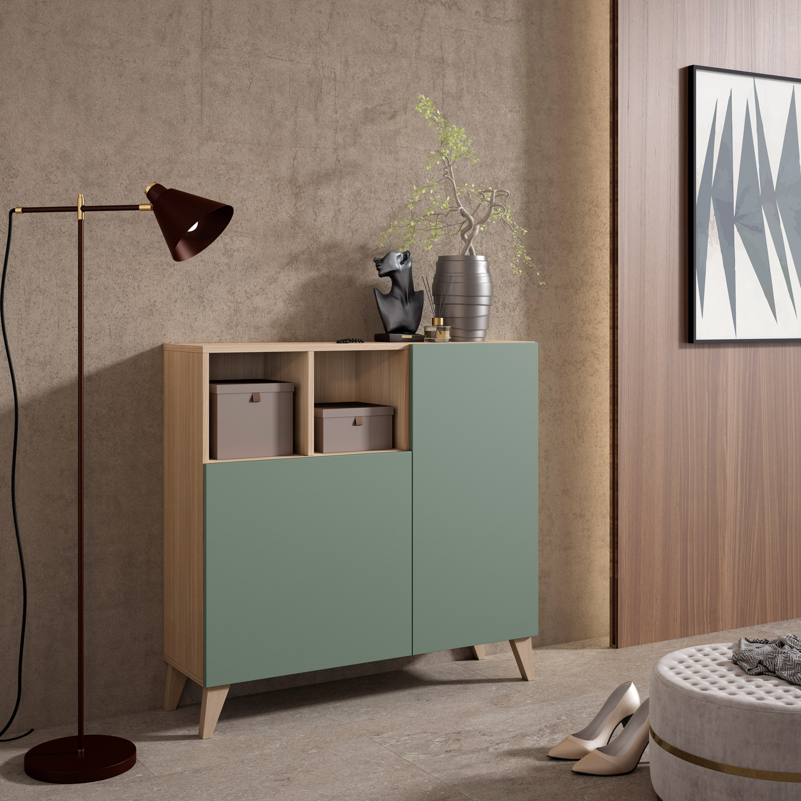 Un armario de madera con puertas verdes y estantes abiertos con cajas, una estatua y una planta ante una pared.