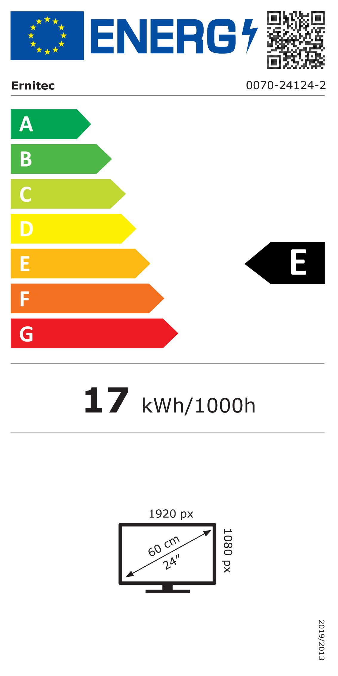 Etichetta energetica classe E per dispositivo da 24 pollici con 17 kWh/1000h.