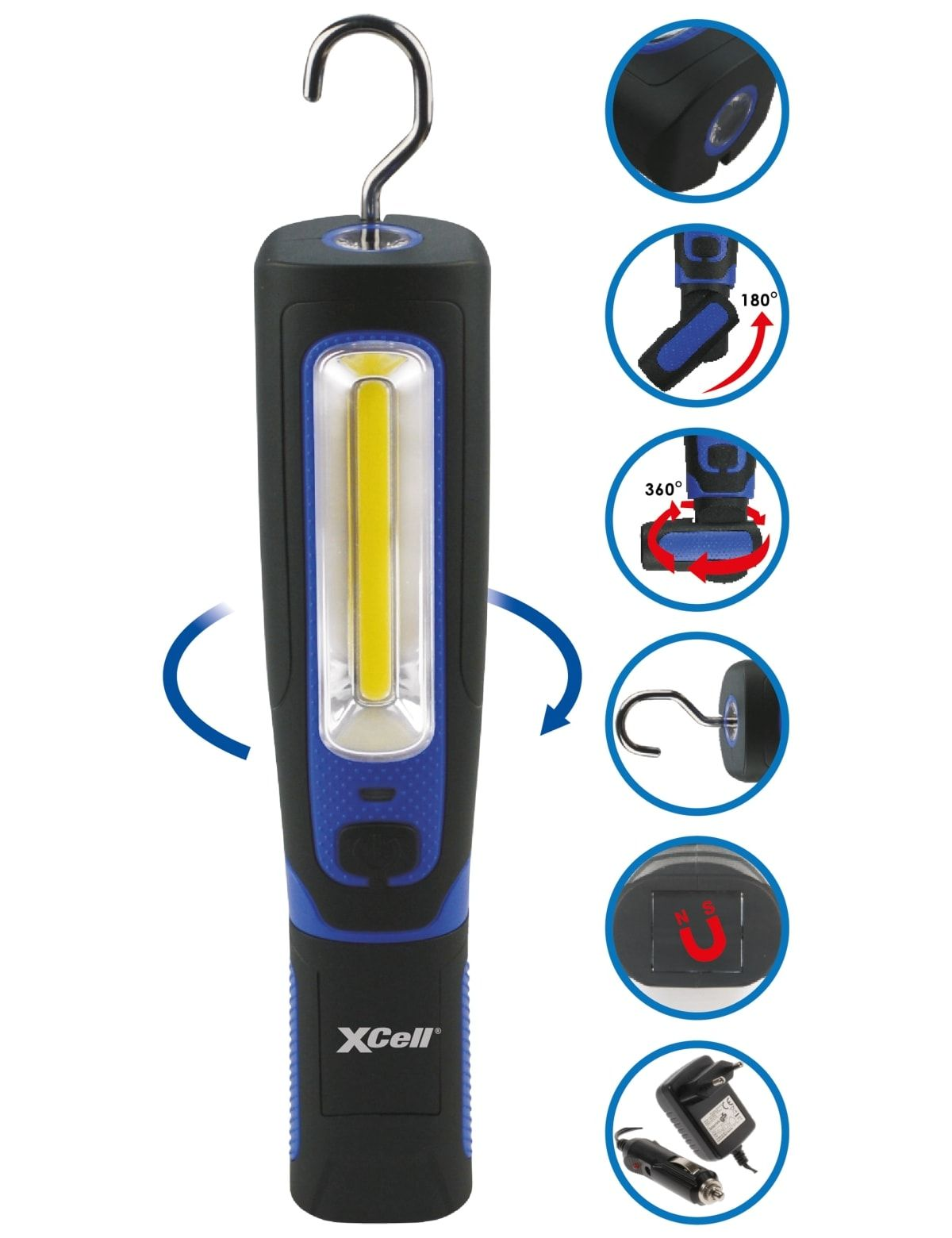 Luce da lavoro LED nera e blu con gancio, magnete e accessori di ricarica in riquadri circolari.