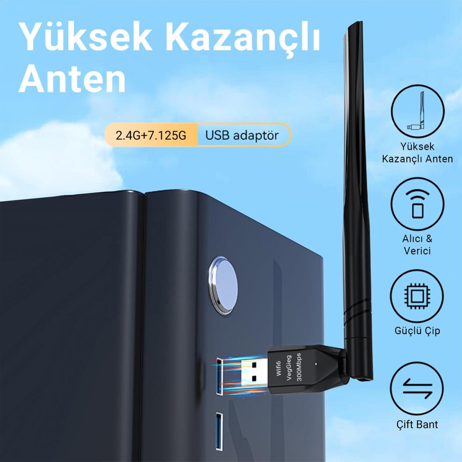 Mavi bulutlu gökyüzü arka planında, bilgisayar kasasına takılı, ayarlanabilir antenli siyah USB Wi-Fi adaptörü.