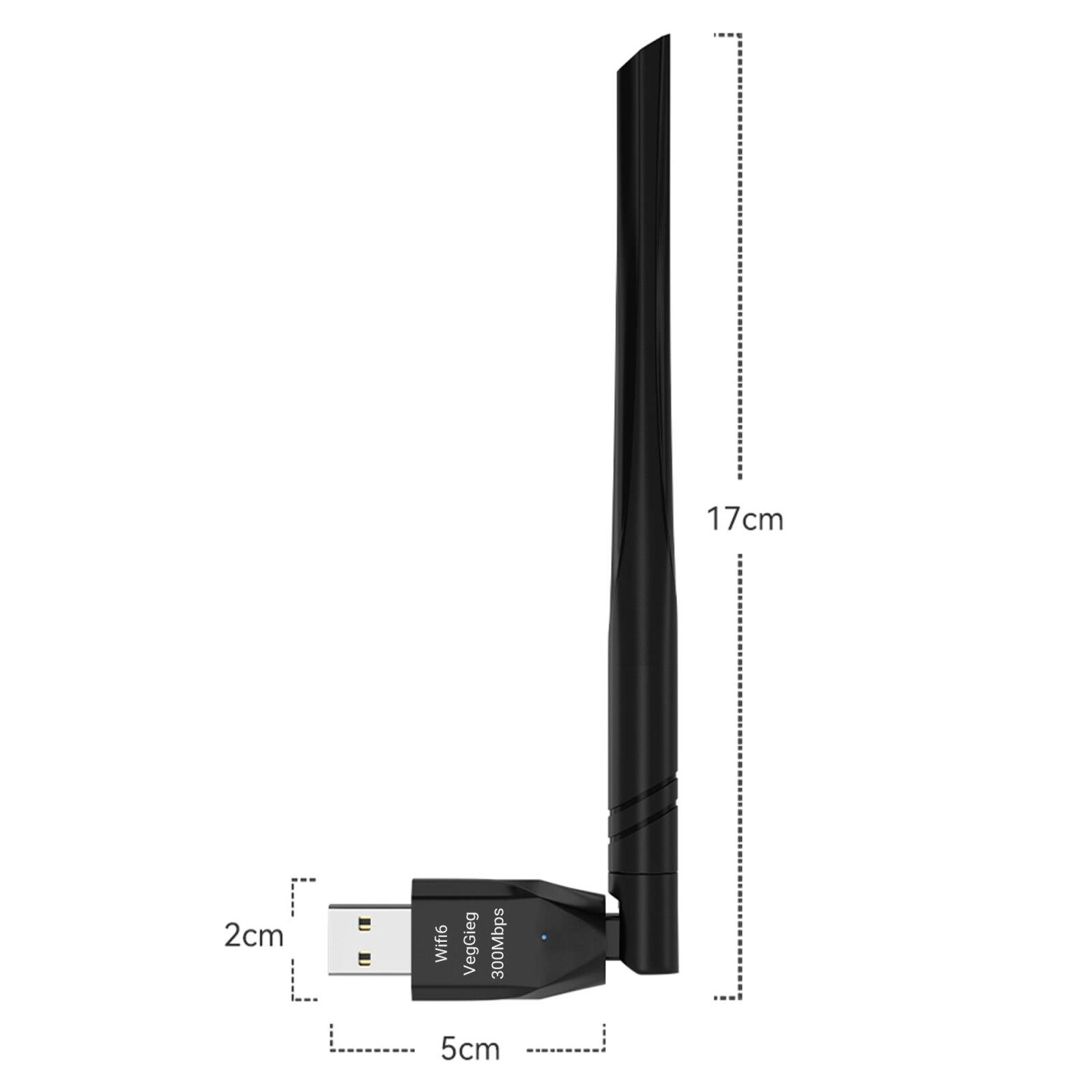 Antenli siyah USB Wi-Fi adaptörü, 17cm yükseklik, 5cm uzunluk ve 2cm genişlik ölçüleriyle.