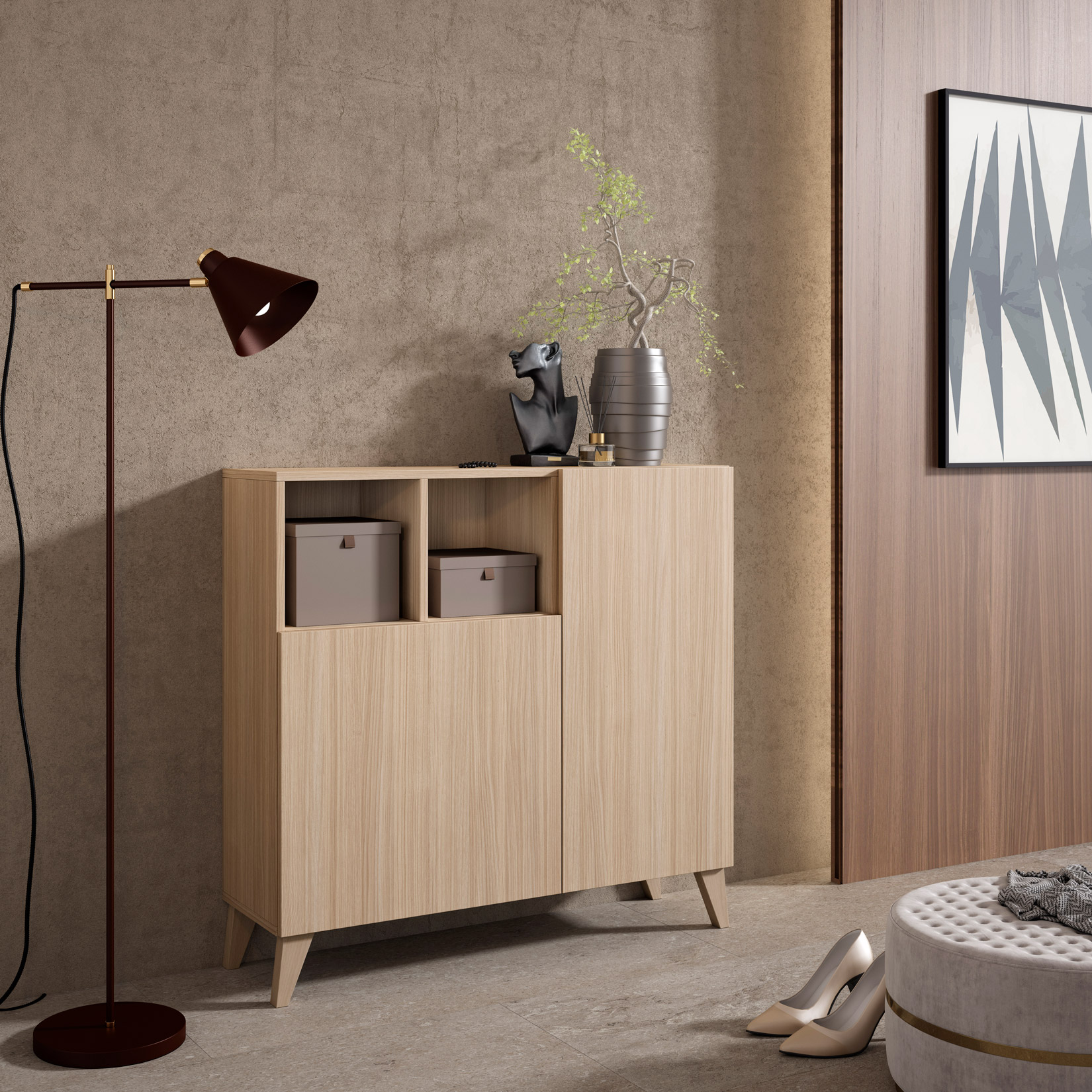 Un armario de madera con lámpara, escultura y planta encima, junto a una pared con arte abstracto.
