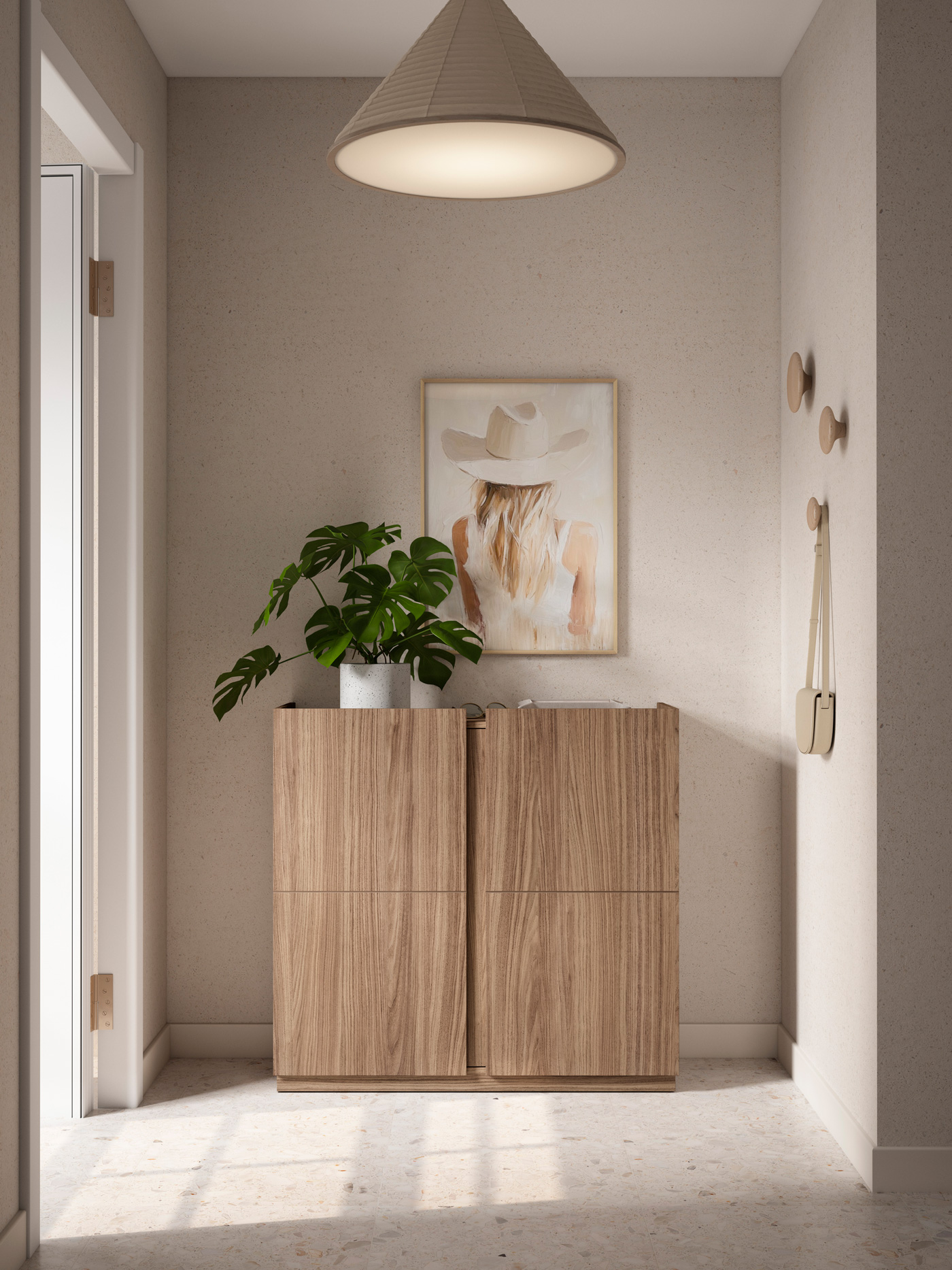 Un pasillo minimalista tiene un armario de madera, una planta en maceta, un cuadro y una lámpara colgante.