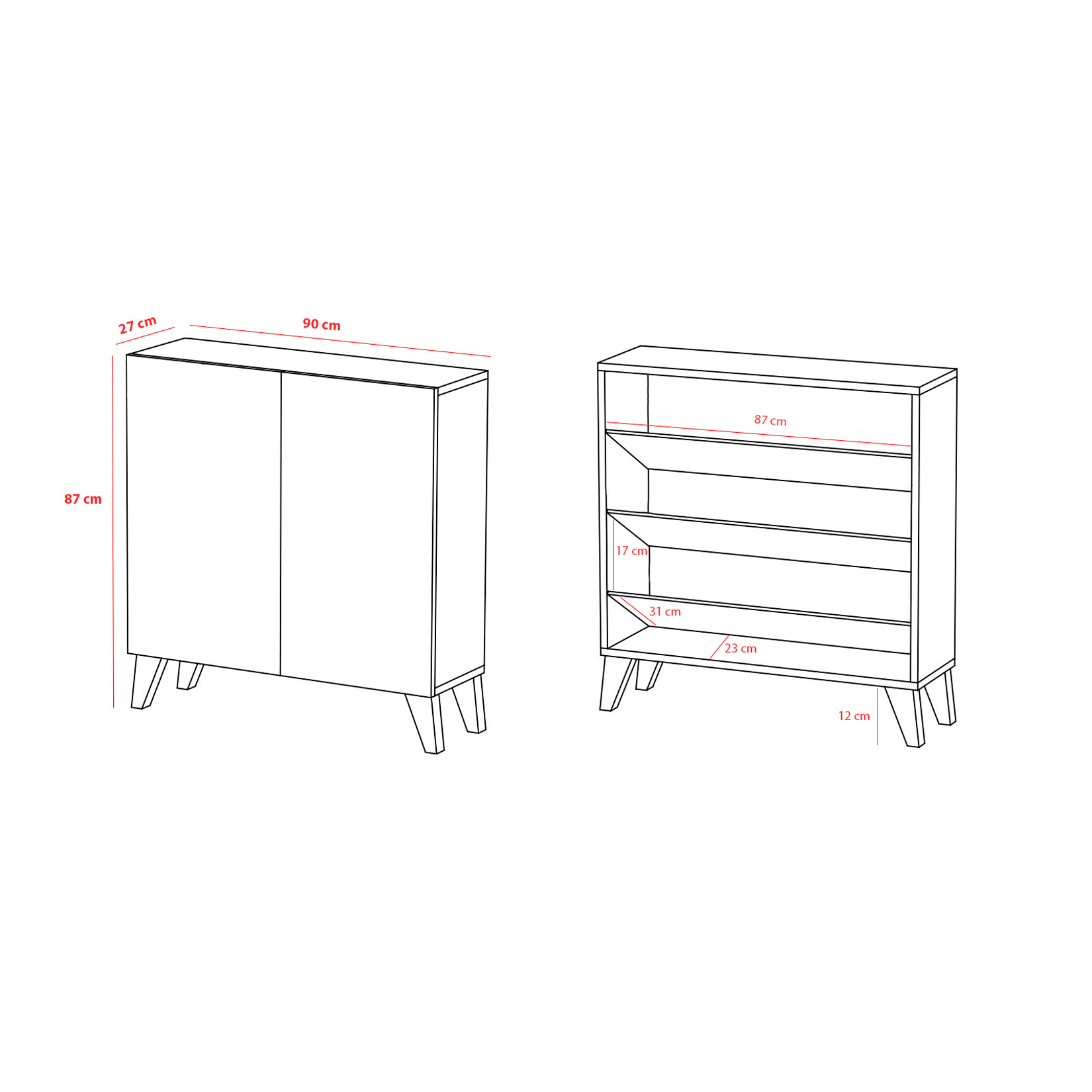 Dibujo técnico de un zapatero de dos puertas con dimensiones en centímetros.
