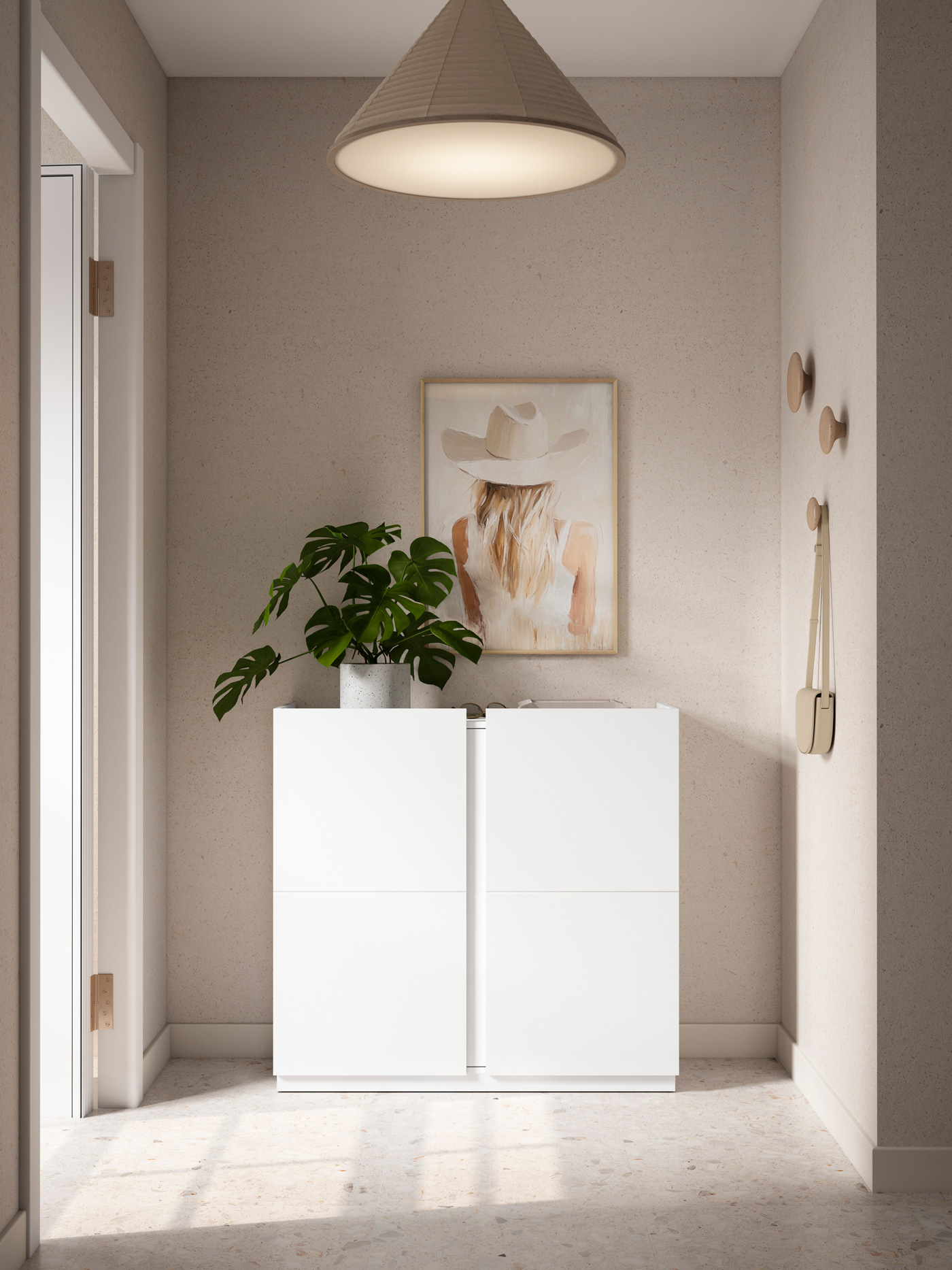 Pasillo con mueble blanco, planta, cuadro de mujer, lámpara de techo y bolso colgando.