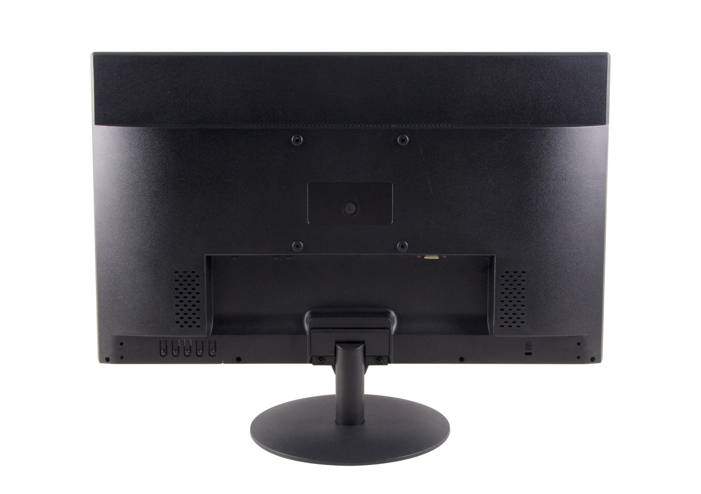 Vista posteriore di un monitor nero con supporto, con feritoie di ventilazione, fori VESA e pulsanti.