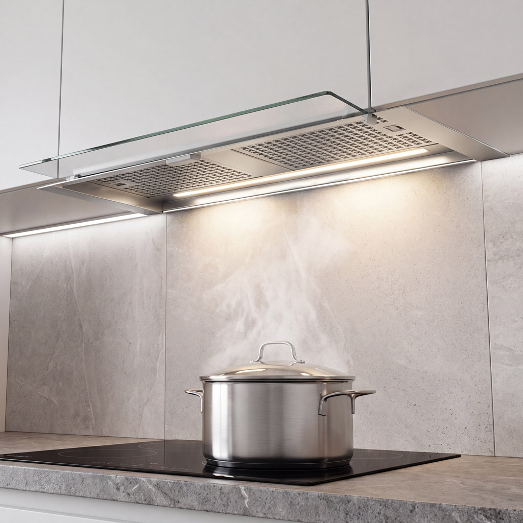 Una olla humeante en una estufa bajo una campana extractora iluminada en una cocina moderna.
