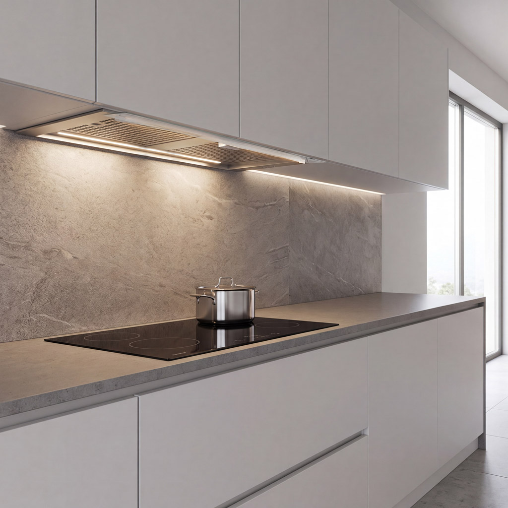 Cocina moderna con muebles blancos, salpicadero de piedra, placa con olla y campana extractora iluminada.