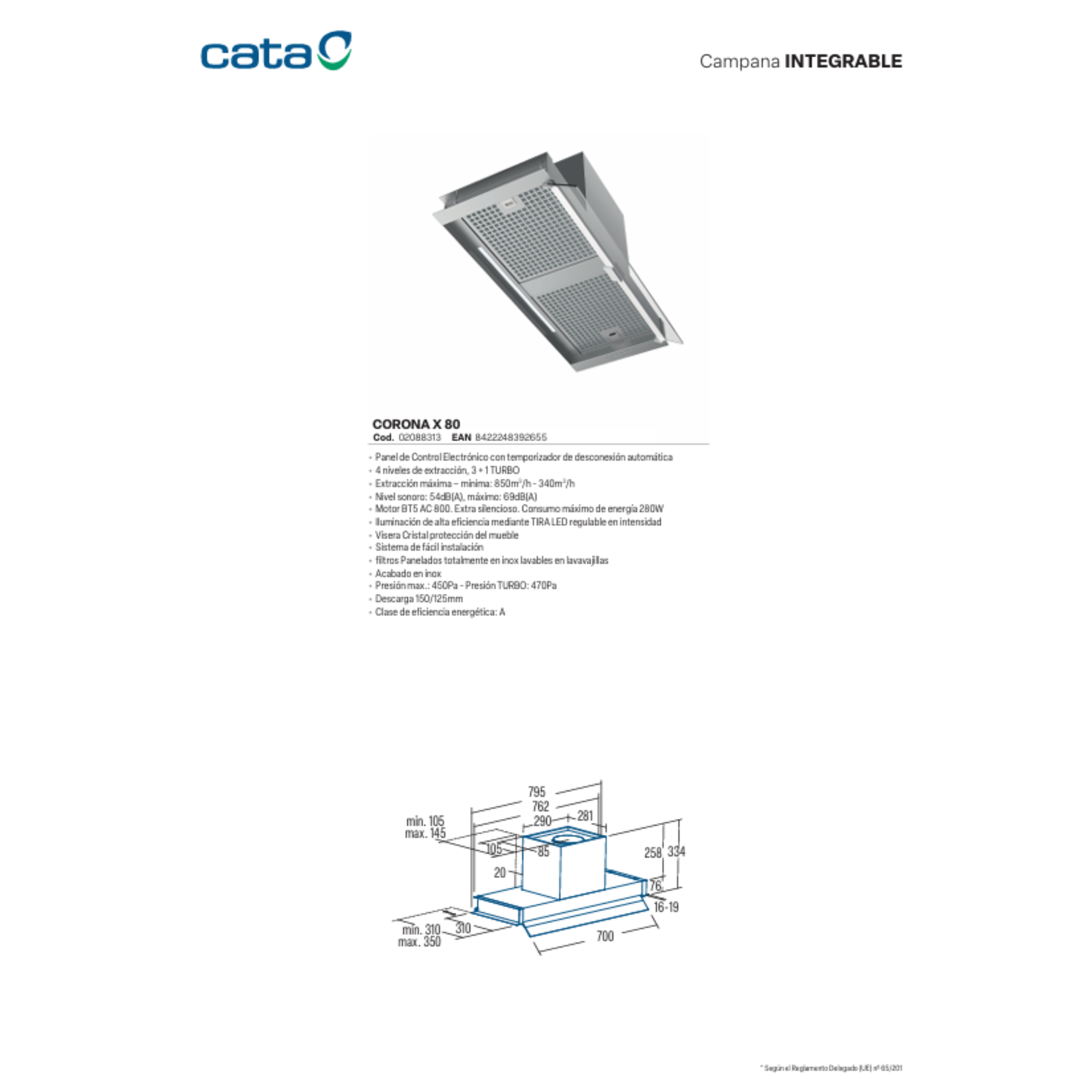 Campana extractora integrada Cata CORONA X 80 con especificaciones y plano.