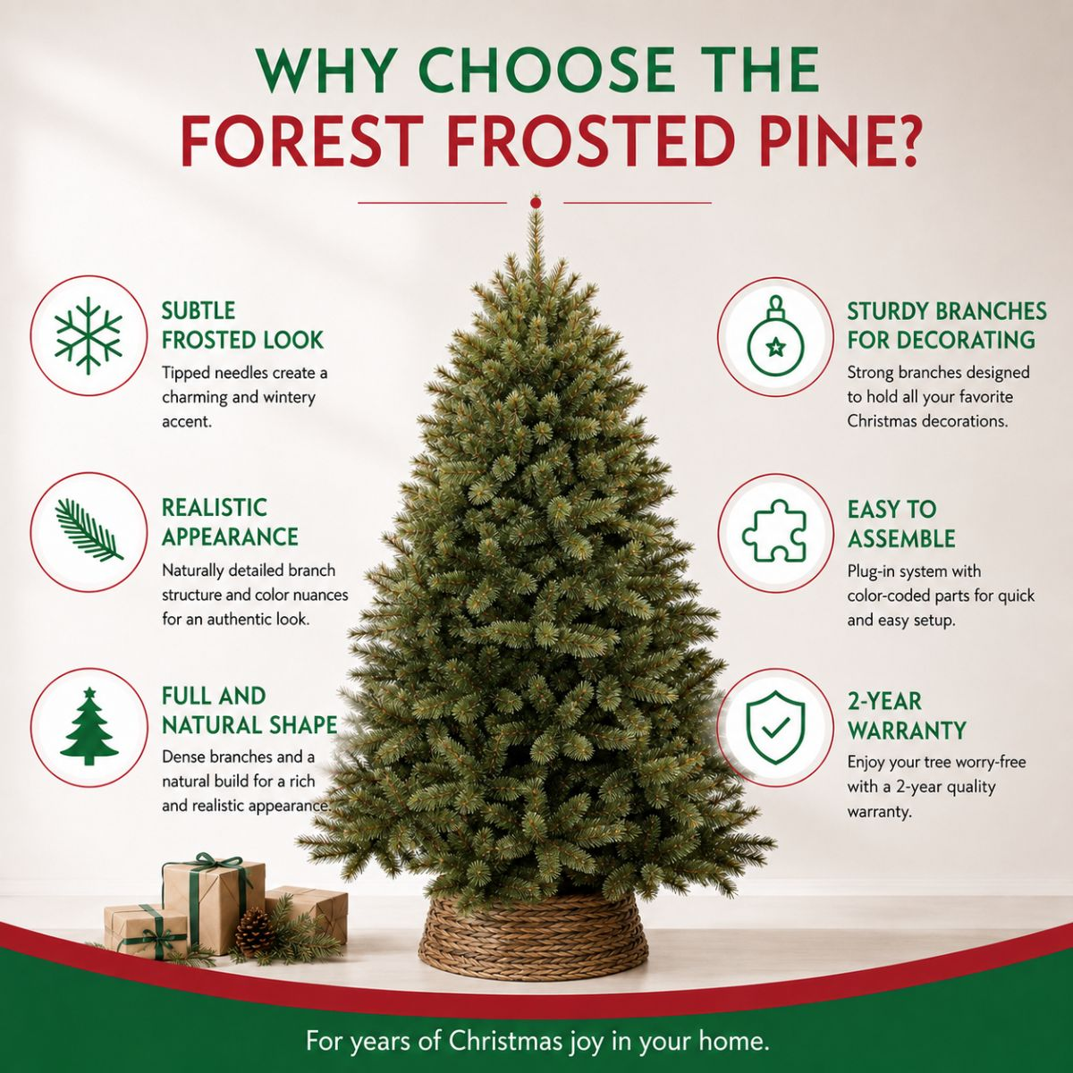 Promotional image for the Forest Frosted Pine Christmas tree, highlighting features and gifts.