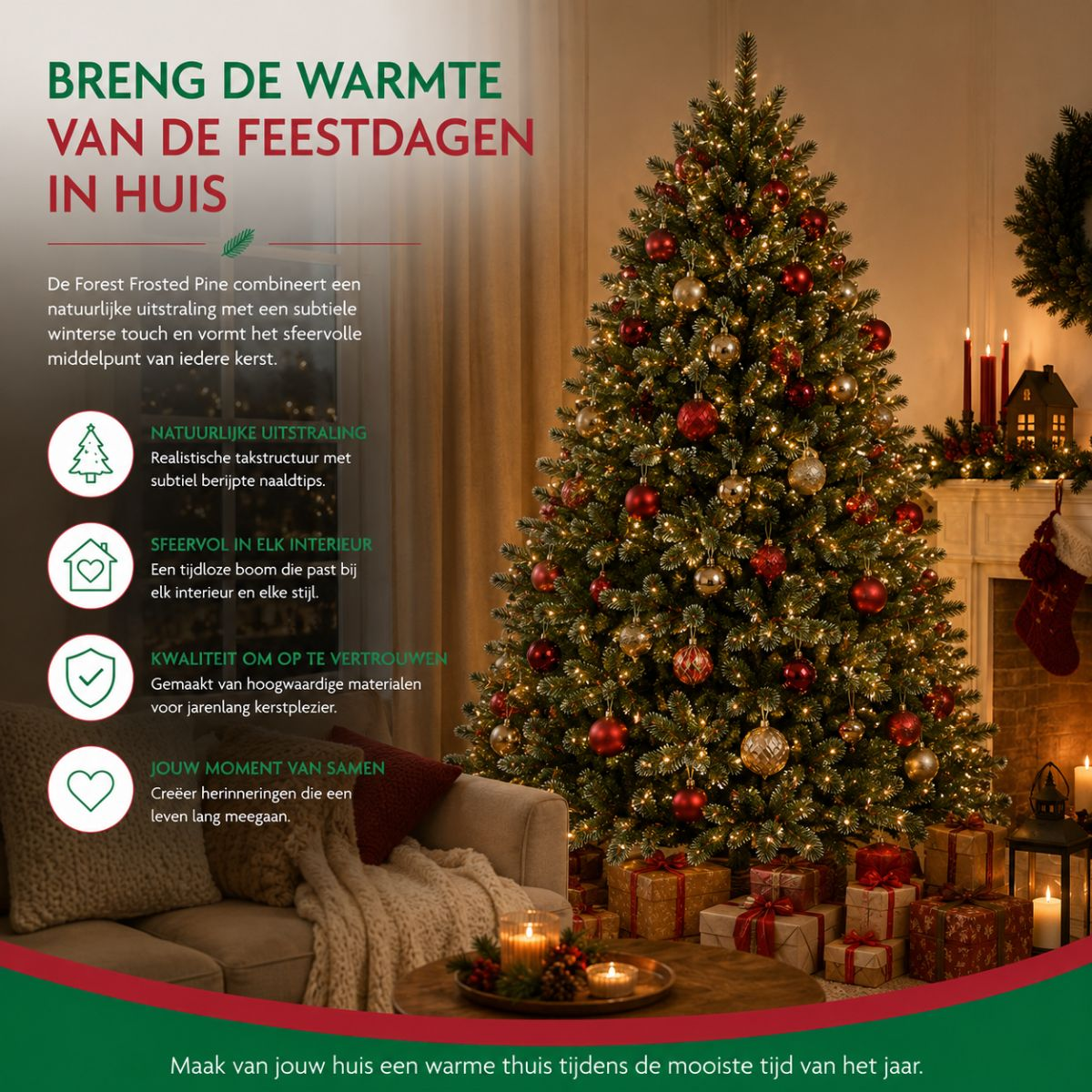 A decorated Christmas tree with red and gold ornaments, lights, and wrapped gifts in a cozy living room.