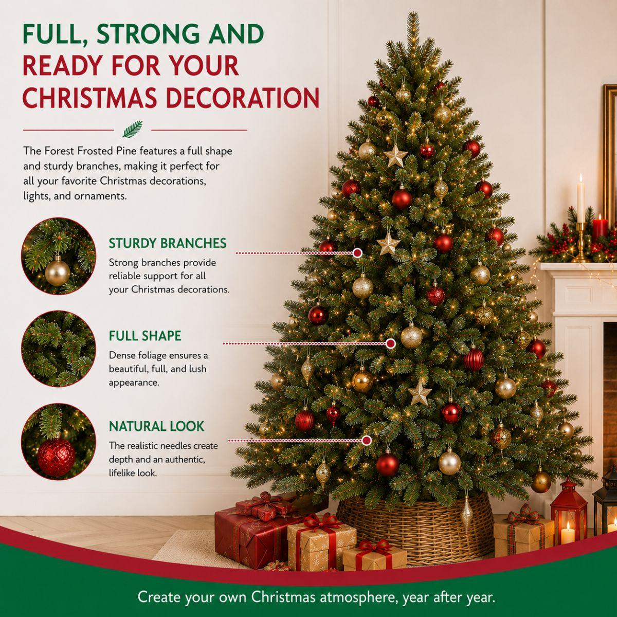 A large decorated Christmas tree with red and gold ornaments, gifts, and text callouts explaining its features.