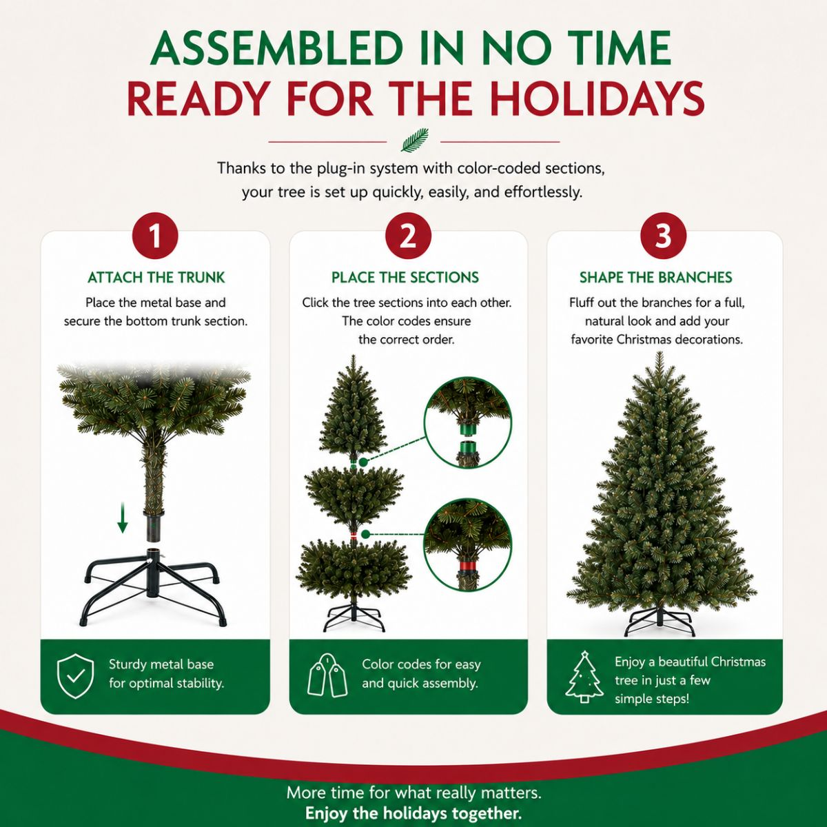 3-step assembly guide for an artificial Christmas tree featuring a metal stand and color-coded plug-in sections.