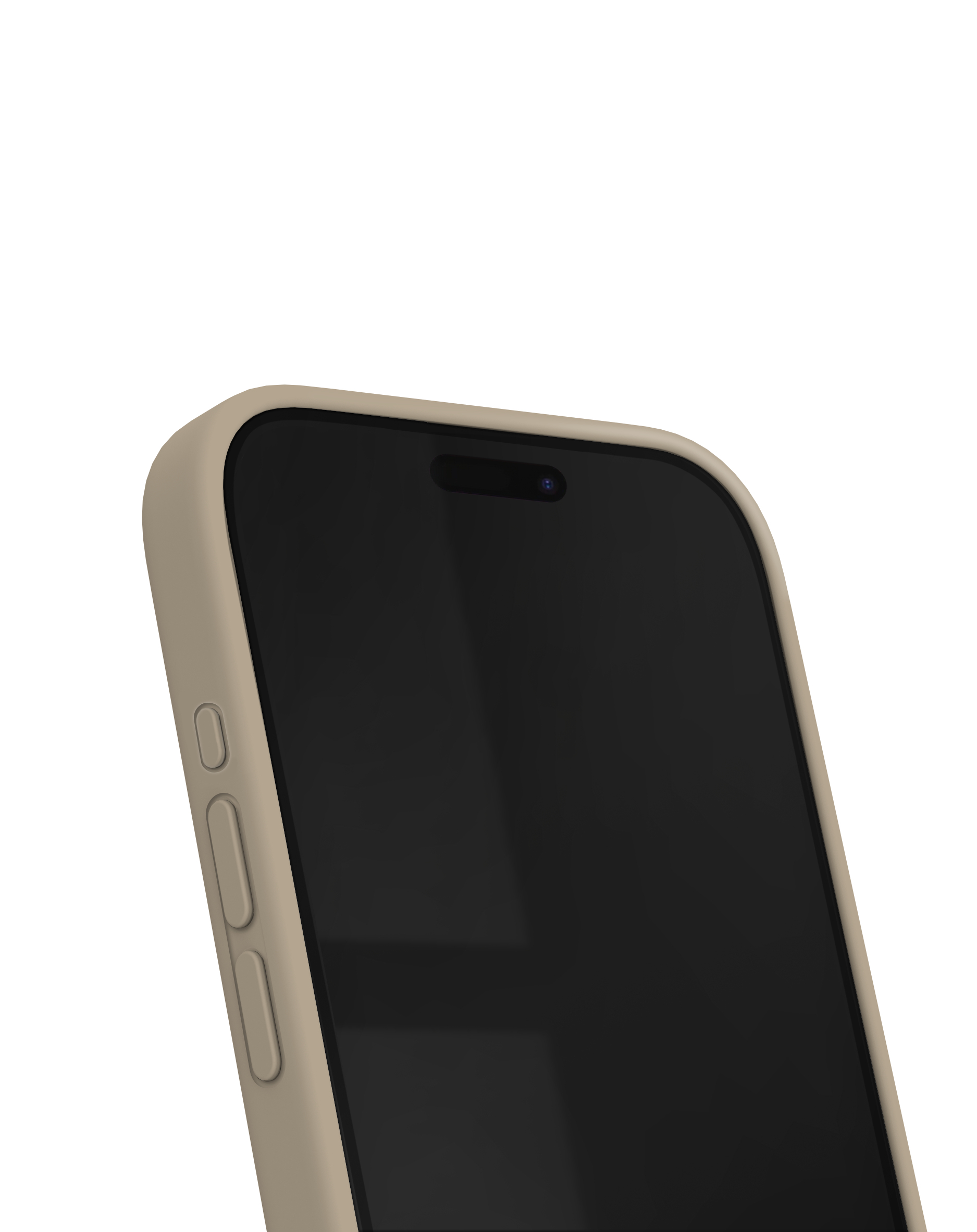 Close-up van een smartphone met beige beschermhoes, donker scherm en zichtbare zijknoppen.