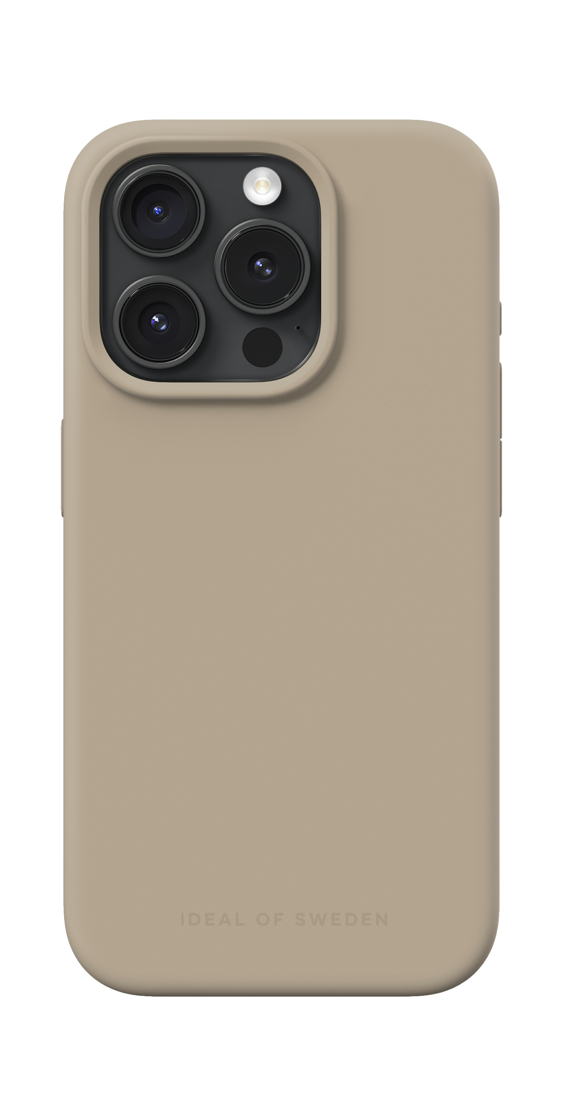 Een beige smartphonehoesje met een zwarte cameramodule en de tekst 'IDEAL OF SWEDEN' onderaan.