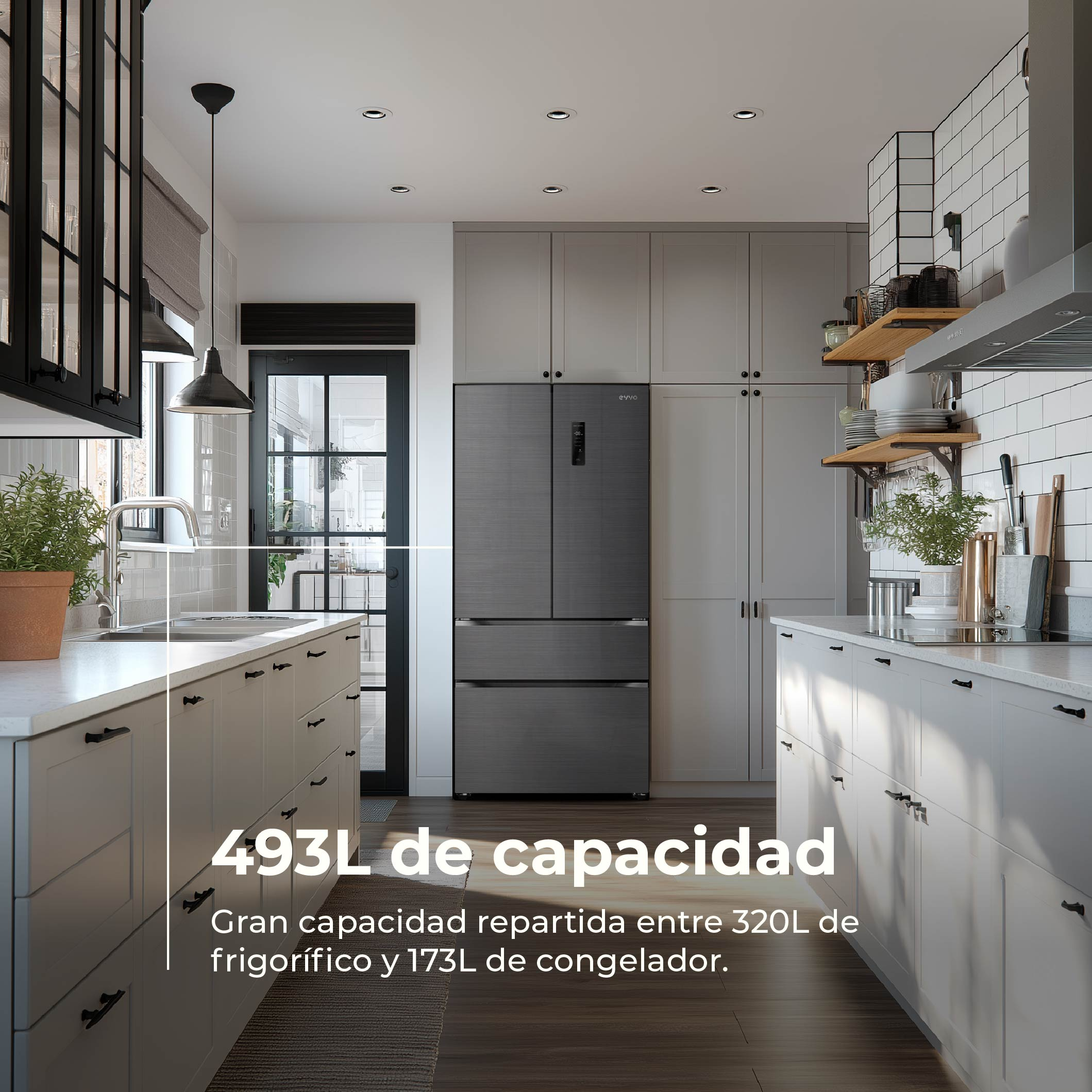 Cocina moderna con frigorífico gris, armarios claros y azulejos blancos.