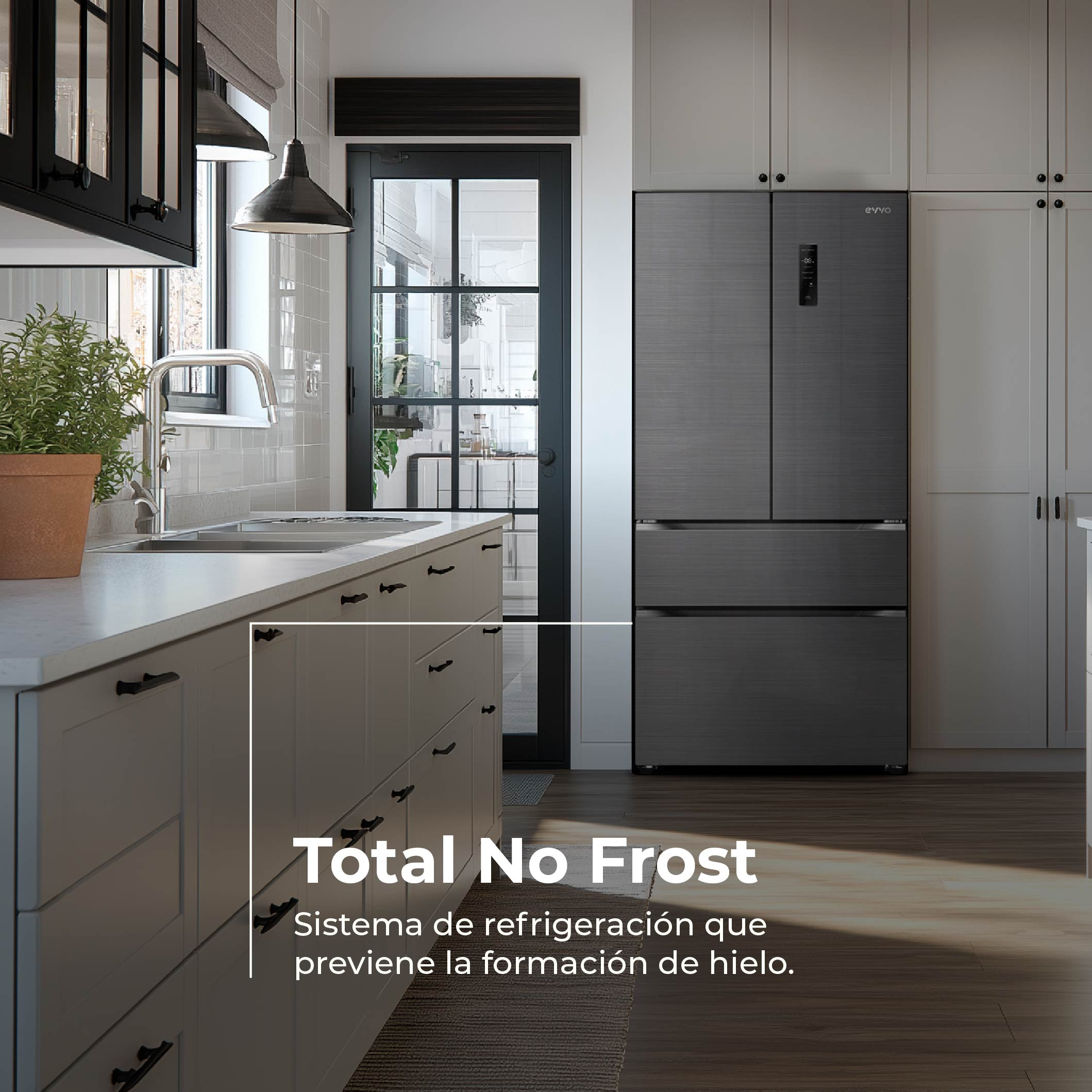 Una cocina moderna con gabinetes blancos, cajones grises y un refrigerador oscuro.