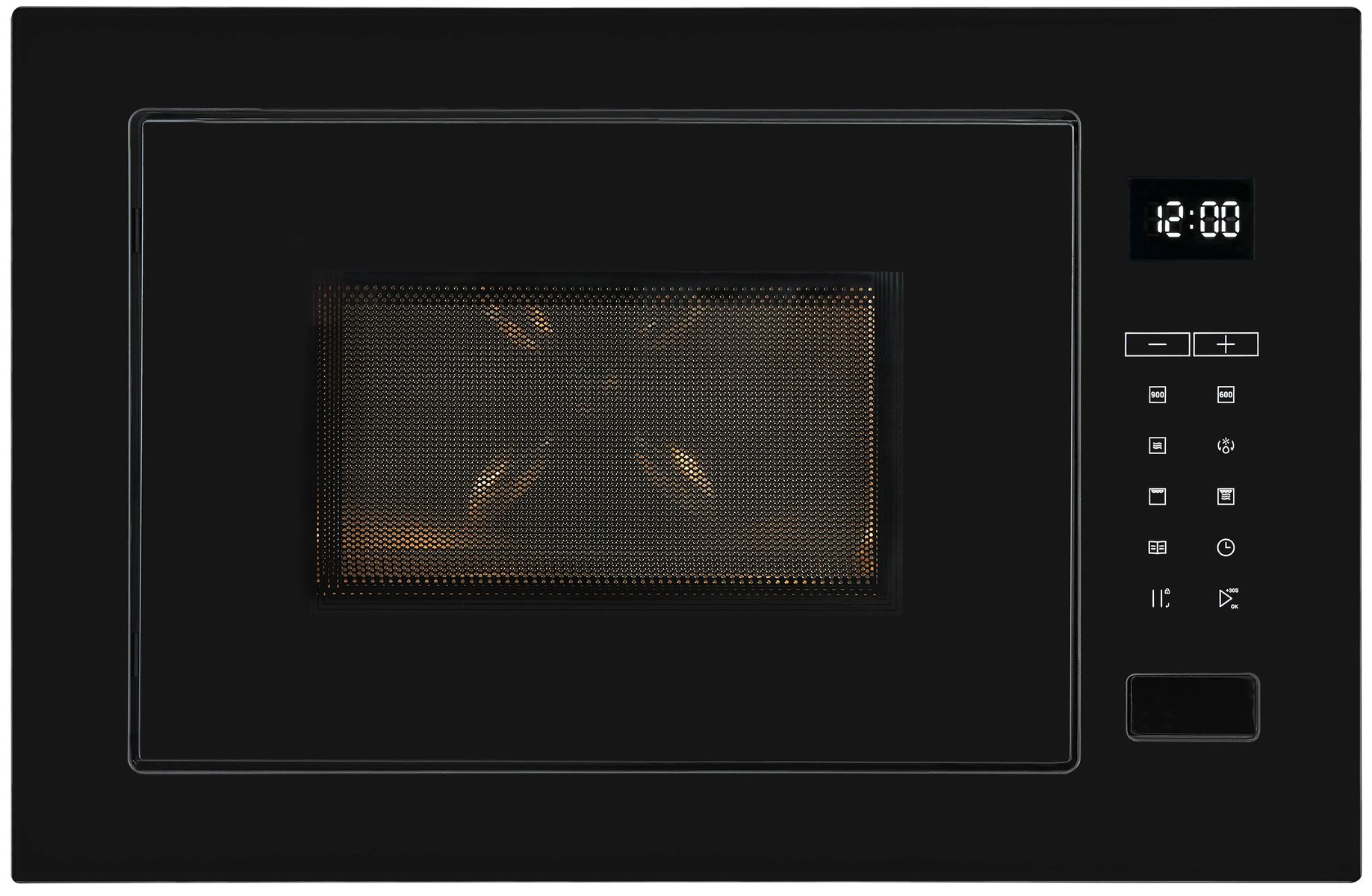 Microondas negro con pantalla digital, interior iluminado y panel de control táctil a la derecha.