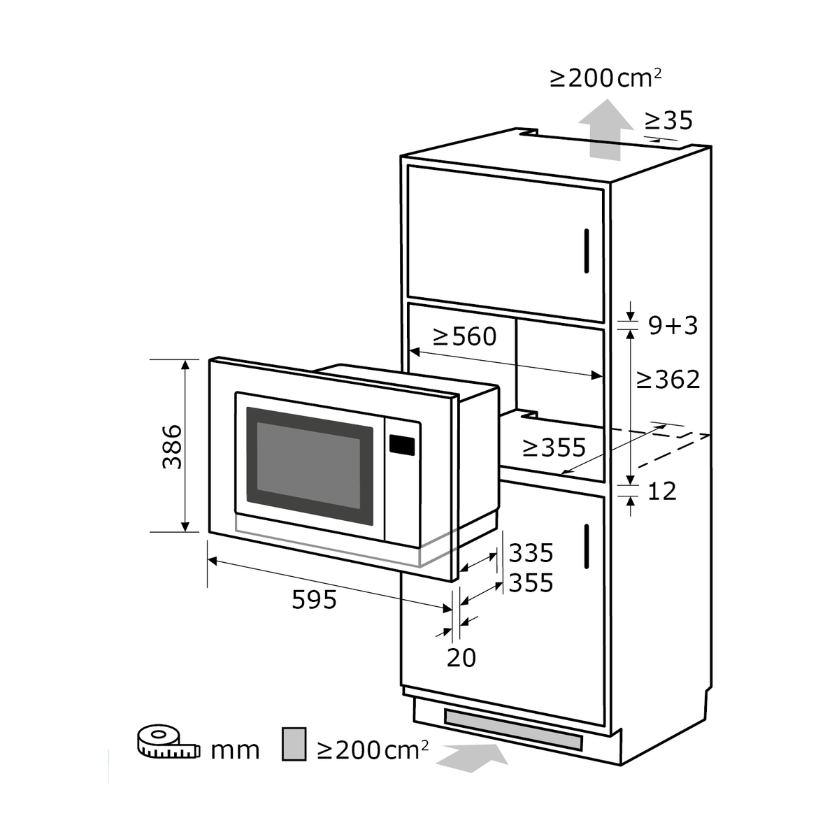 Dibujo técnico que muestra las dimensiones para integrar un microondas en un armario de cocina.