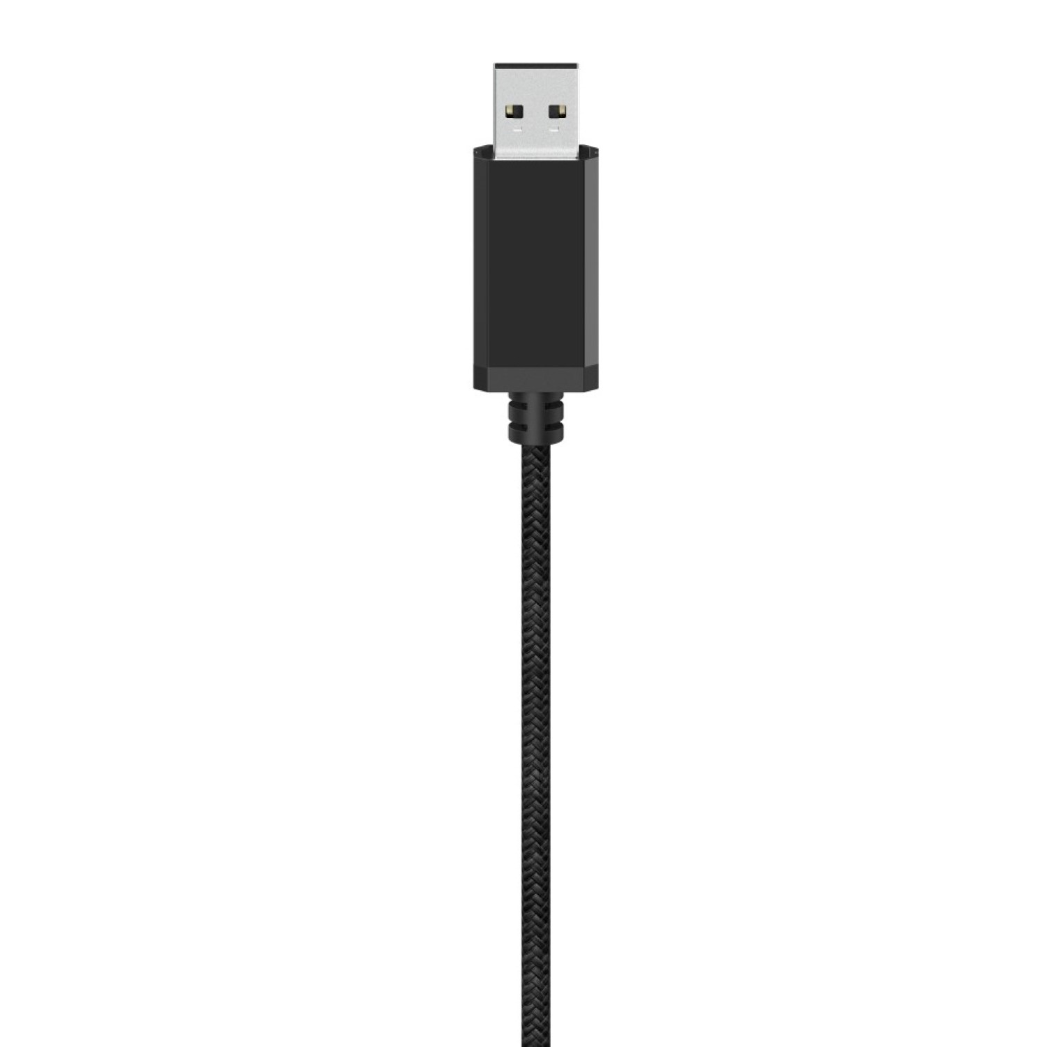 Ein schwarzes USB-Kabel mit geflochtenem Mantel und Metallanschluss vor weißem Hintergrund.