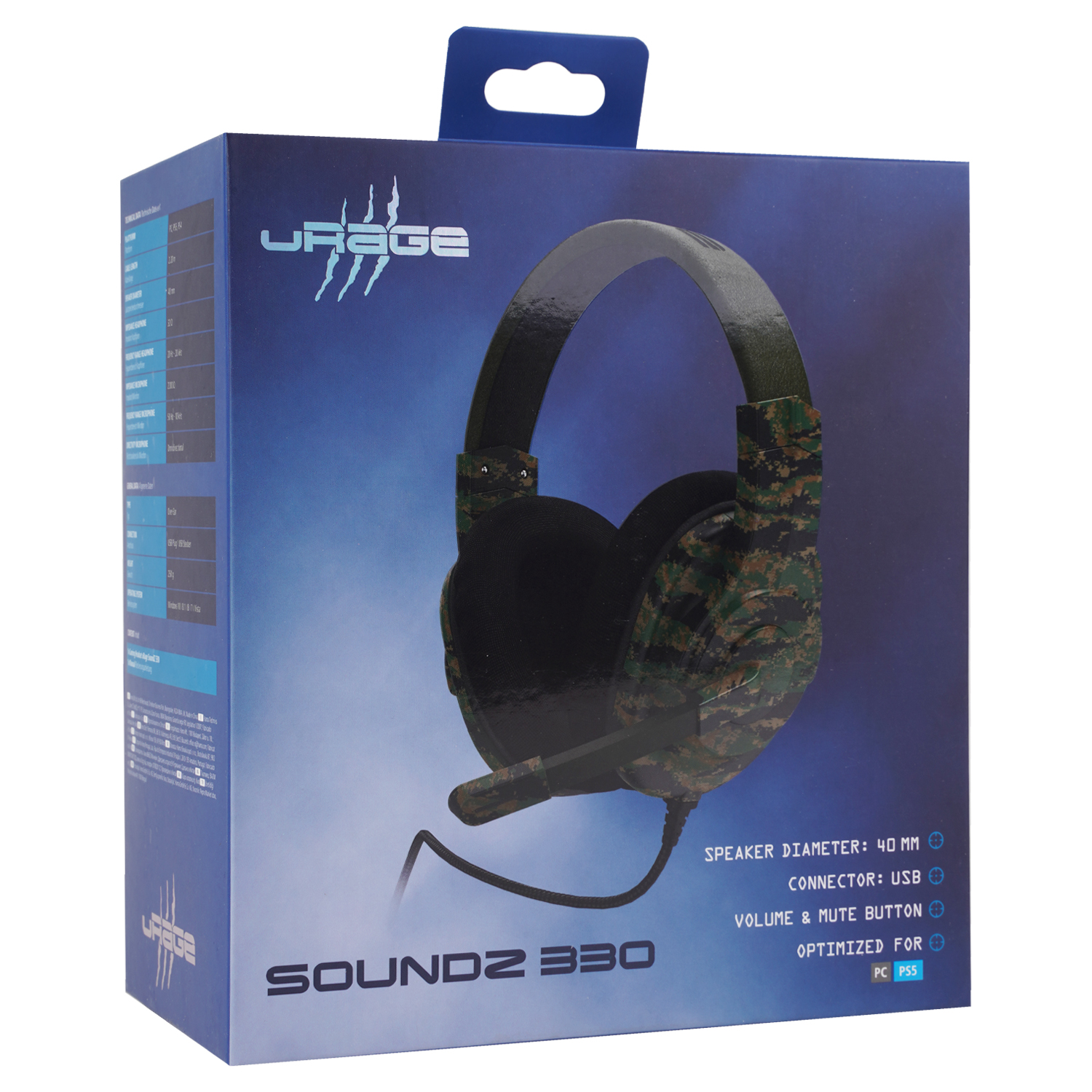 Blaue Produktverpackung des uRage Soundz 330 Gaming-Headsets mit Camouflage-Muster auf weißem Hintergrund.