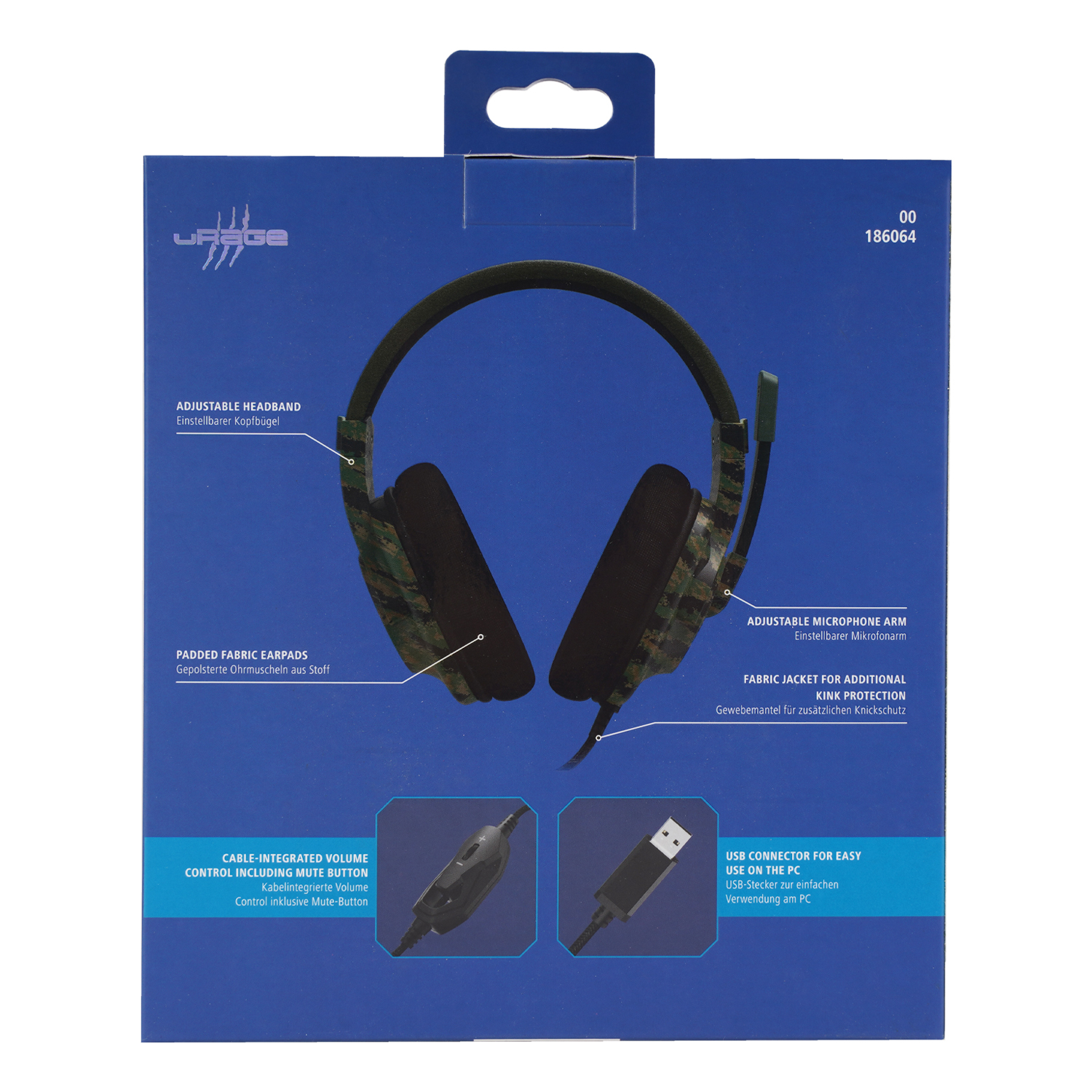 Blaue Verpackung von uRage Gaming-Headsets mit Camouflage-Muster, Mikrofon und USB-Kabel.