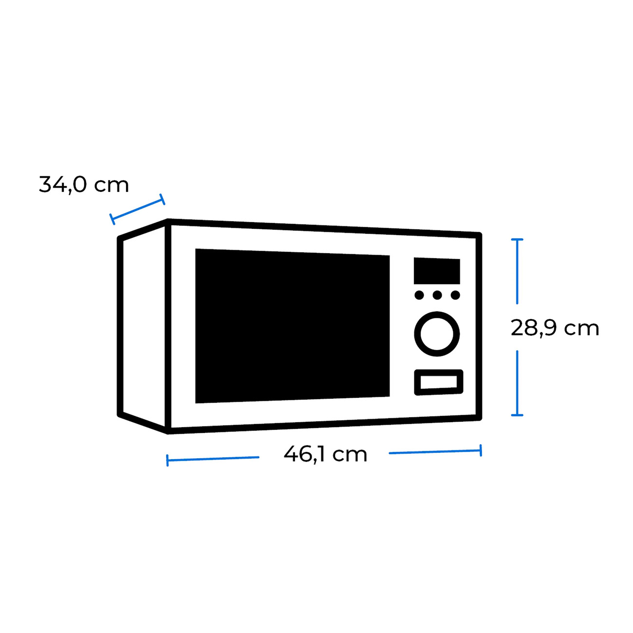 Diagramm einer Mikrowelle mit Maßen: Breite 46,1 cm, Höhe 28,9 cm, Tiefe 34,0 cm.