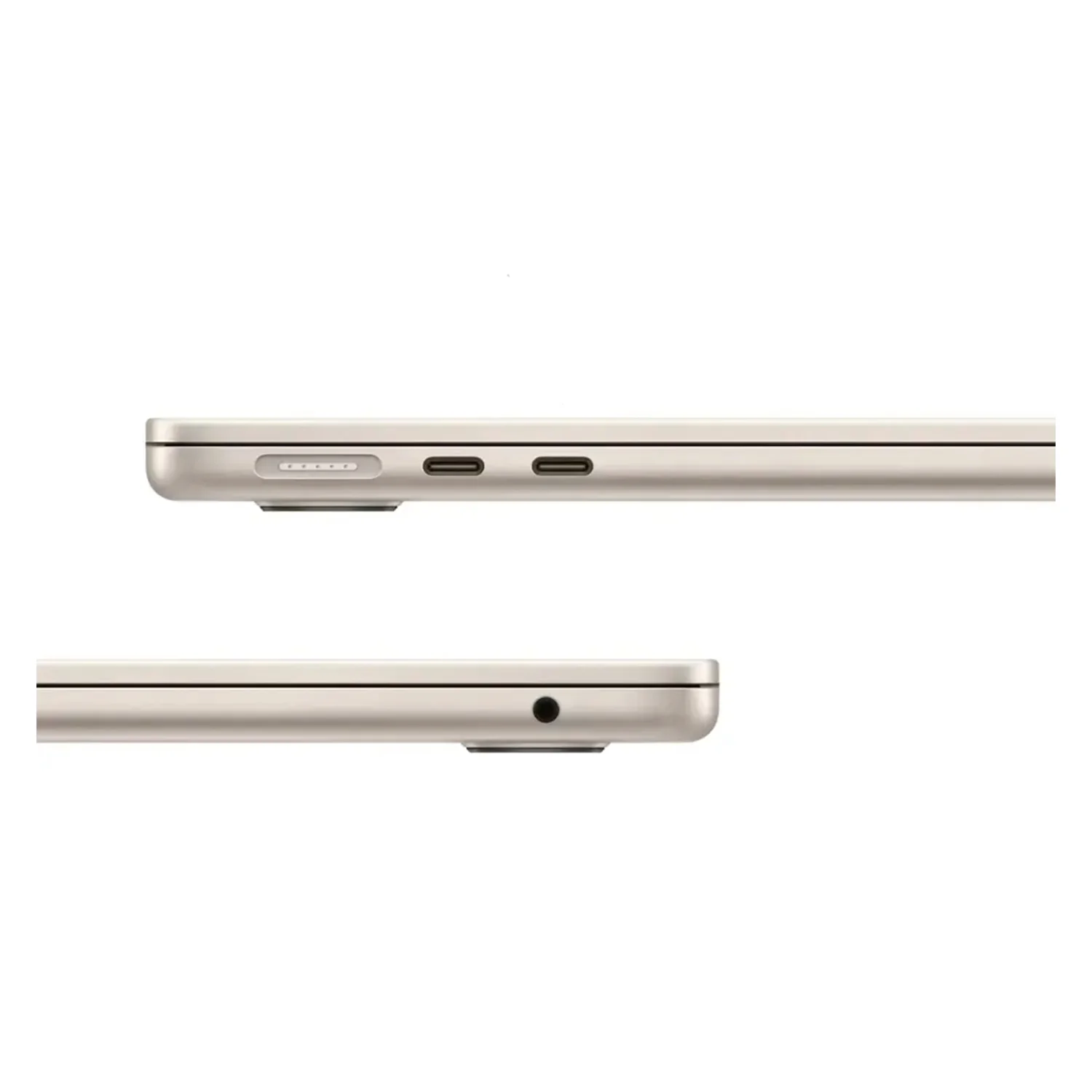 Vista lateral de un portátil plateado con puerto de carga, dos puertos USB-C y conector de audio.