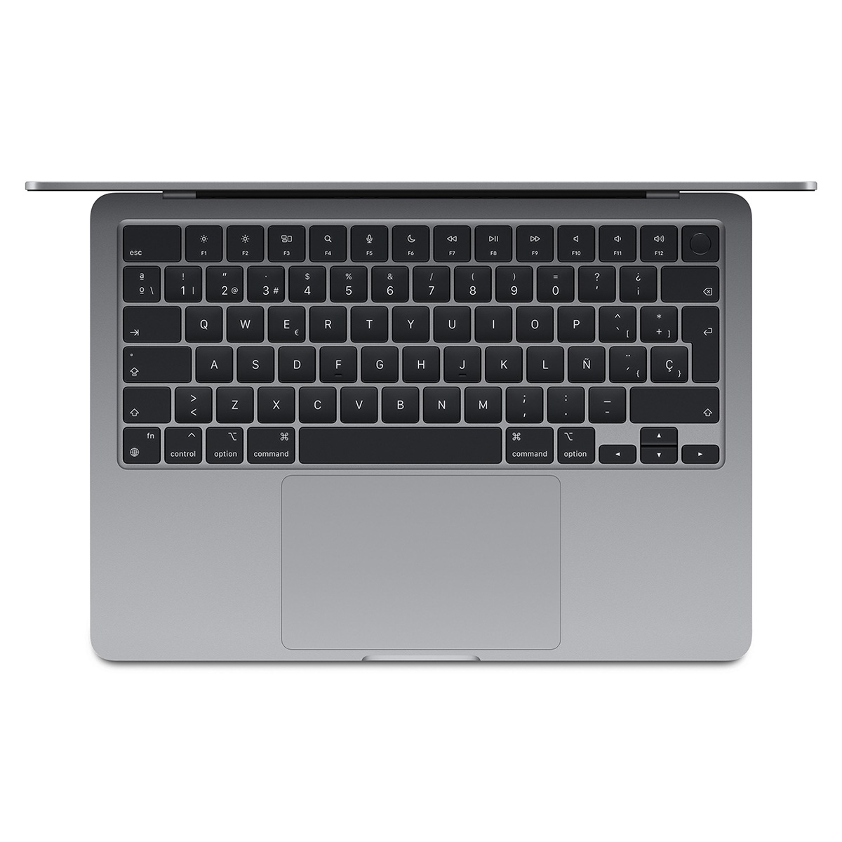 Vista superior de un teclado de portátil gris con teclas retroiluminadas y un panel táctil.