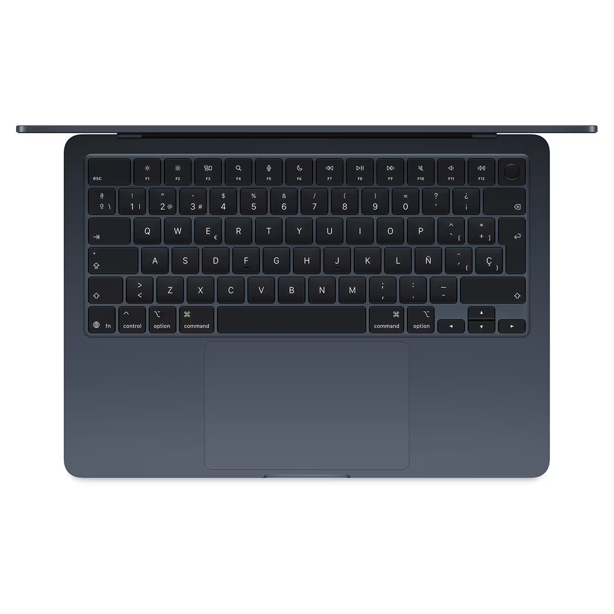 Vista cenital de un teclado y trackpad oscuros de MacBook sobre un fondo blanco.