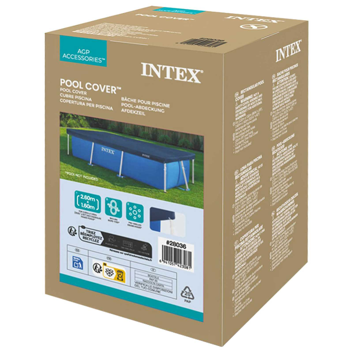 Intex-Poolabdeckung auf brauner Kartonverpackung mit Produktfoto.
