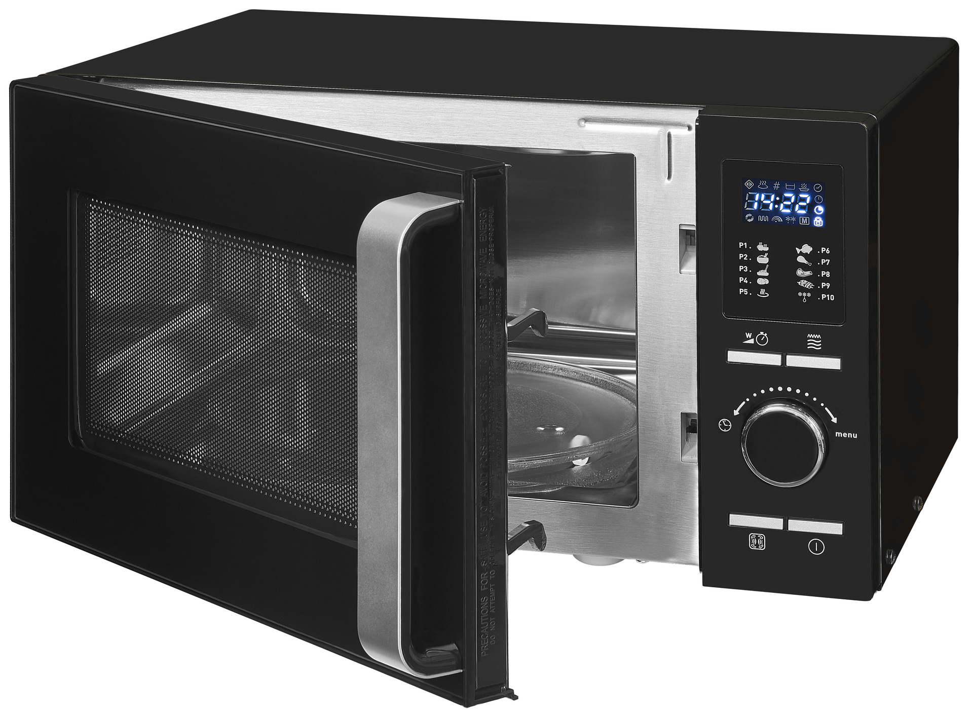 Schwarze Mikrowelle mit geöffneter Tür, digitalem Display, Knöpfen und Glasdrehteller im Innenraum.