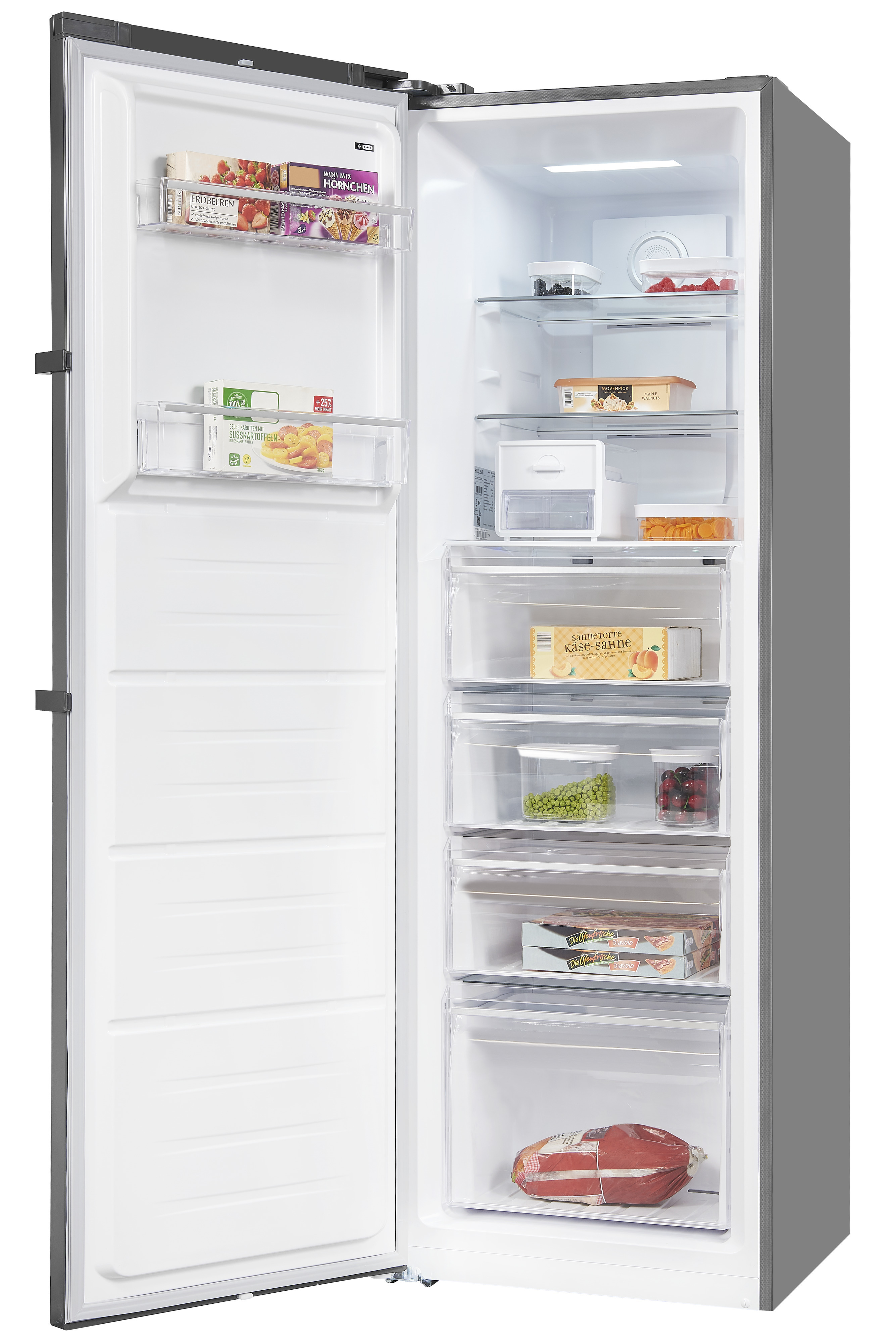 Ein geöffneter silberner Kühlschrank mit Glasböden und Schubladen voller Tiefkühlkost und Behältern.