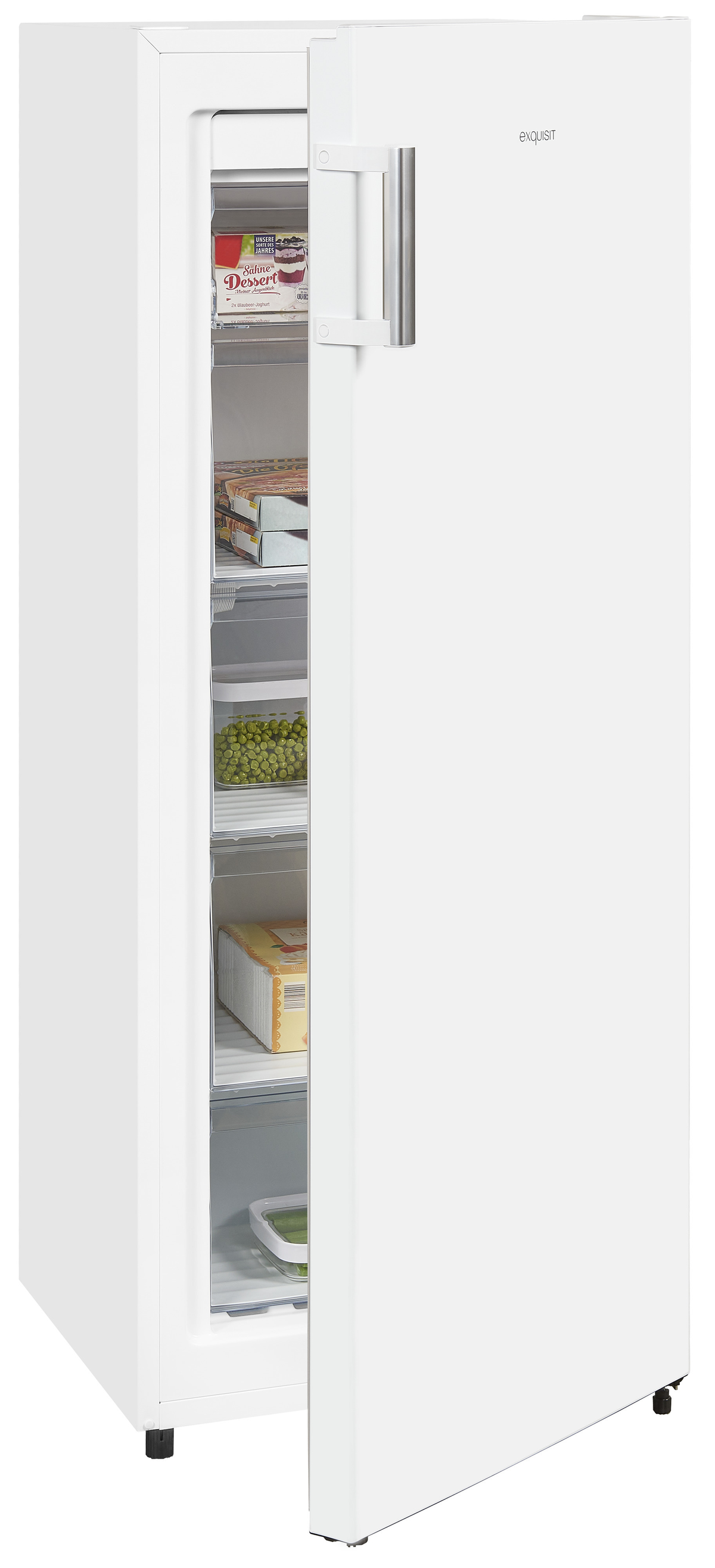 Ein weißer Gefrierschrank mit geöffneter Tür, der gefrorene Lebensmittel in transparenten Schubladen zeigt.
